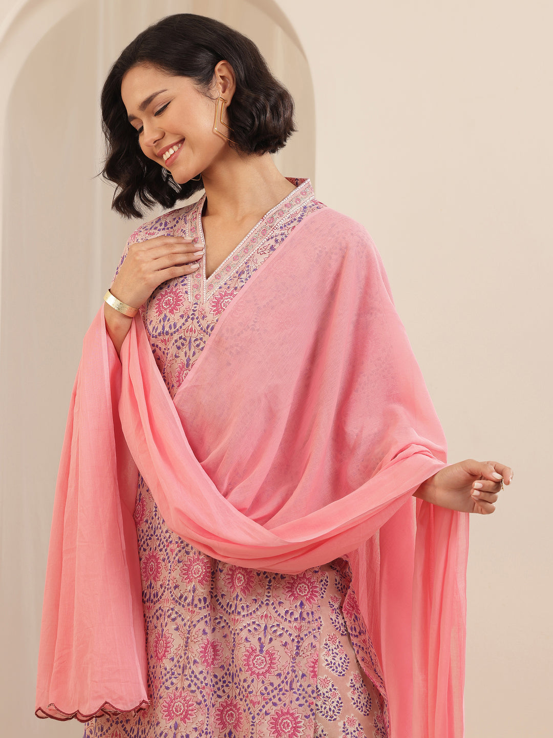  Pink Printed Cotton Straight Suit Sets With Dupatta 