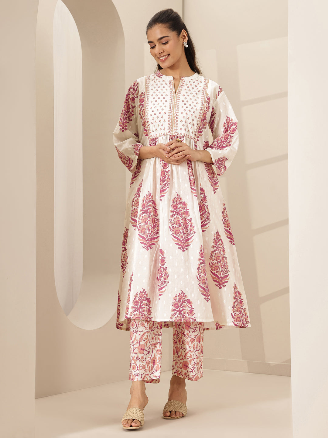 White Printed Cotton A-line Suit Sets With Dupatta