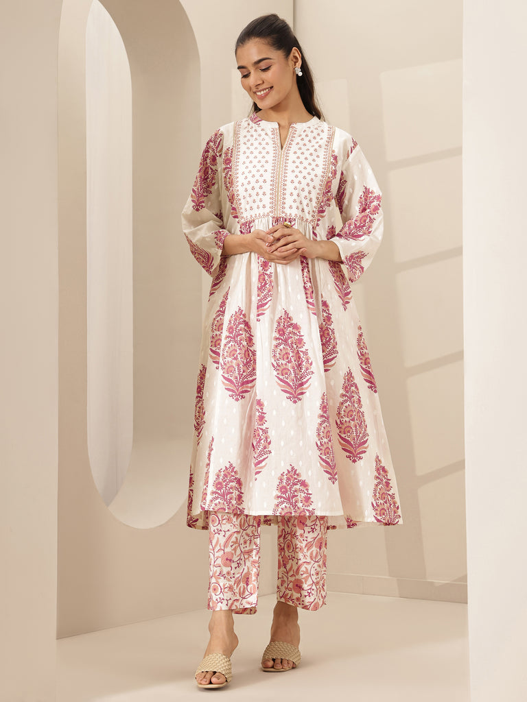 Libas White Printed Cotton A-line Kurta Set