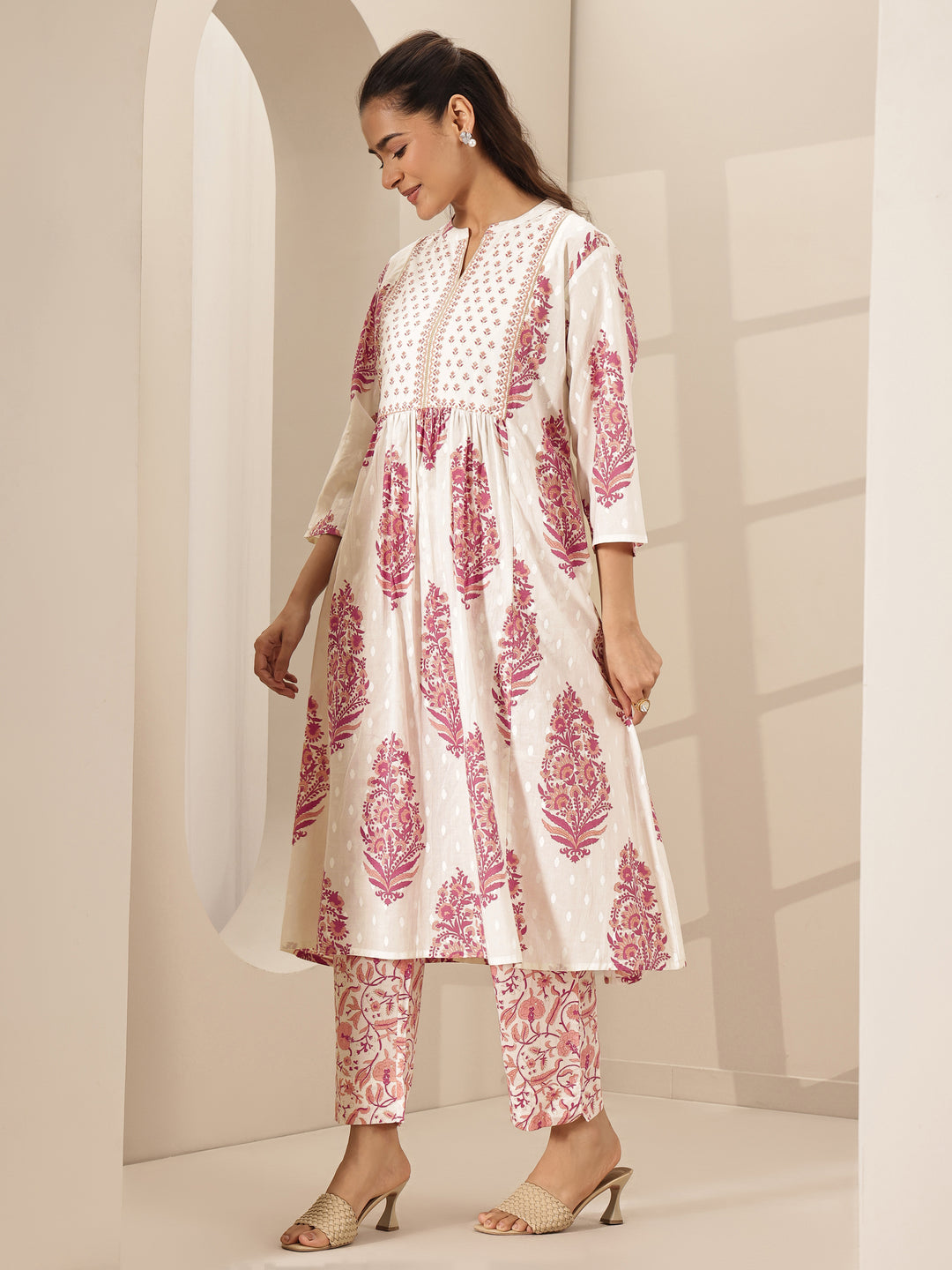  White Printed Cotton A-line Suit Sets With Dupatta 