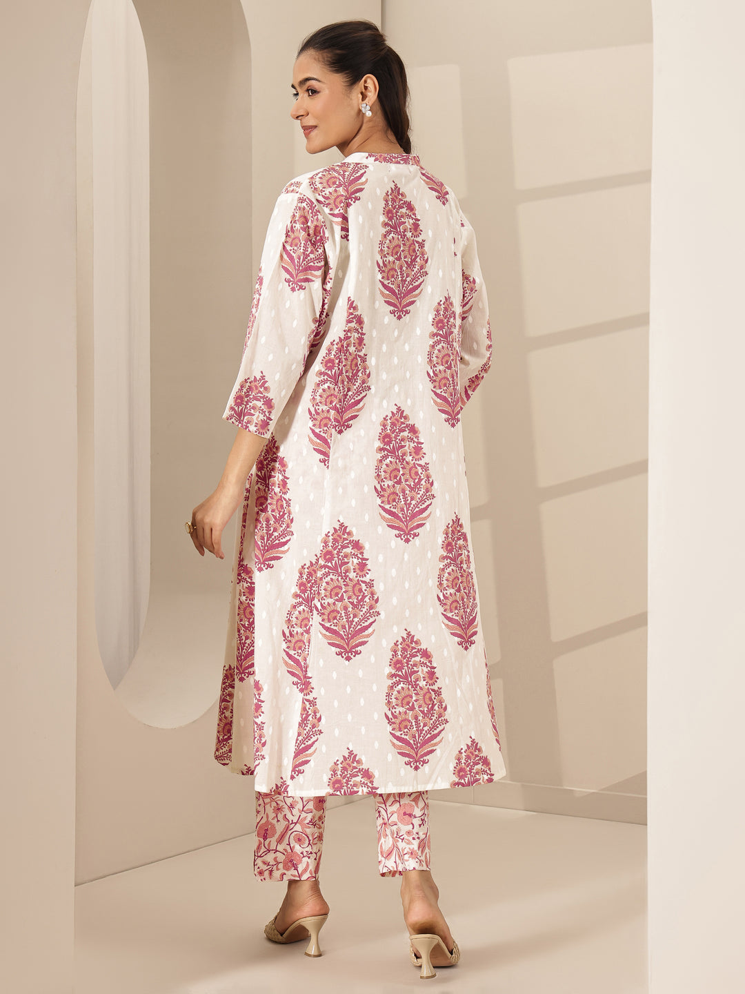  White Printed Cotton A-line Suit Sets With Dupatta 