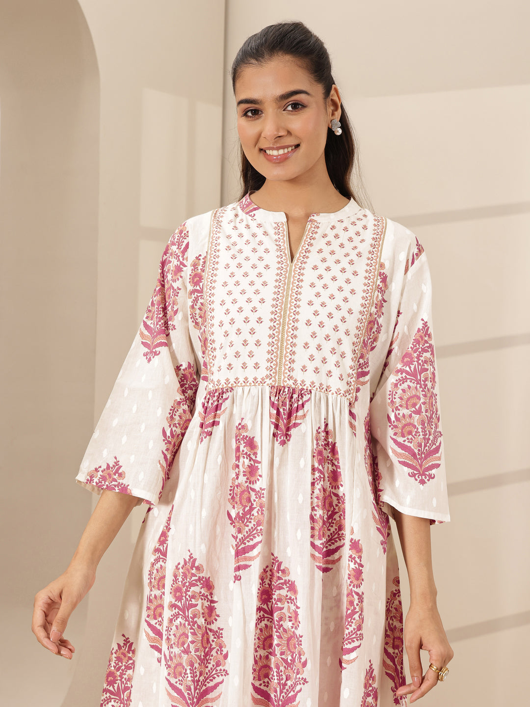  White Printed Cotton A-line Suit Sets With Dupatta 