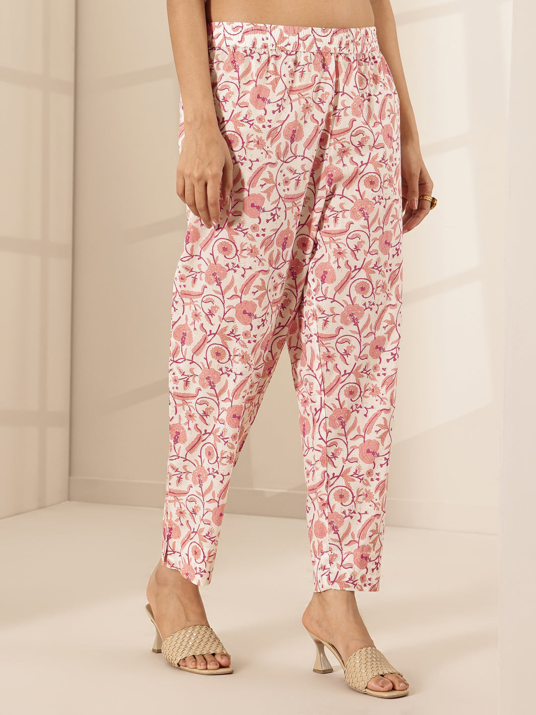 White Printed Cotton A-line Suit Sets With Dupatta 