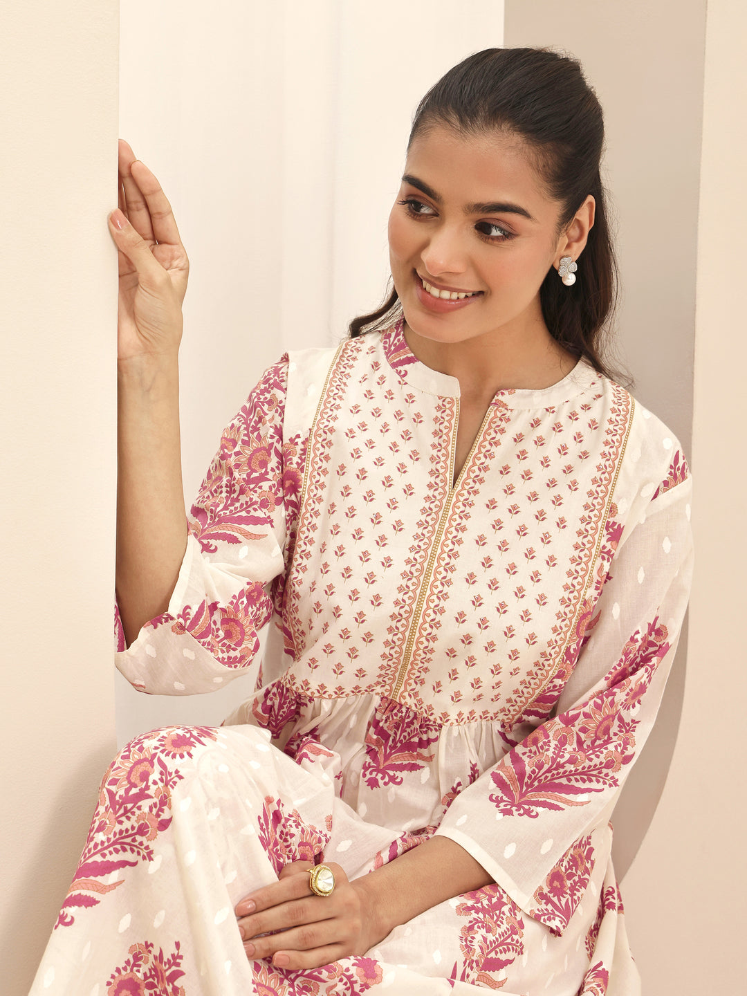  White Printed Cotton A-line Suit Sets With Dupatta 