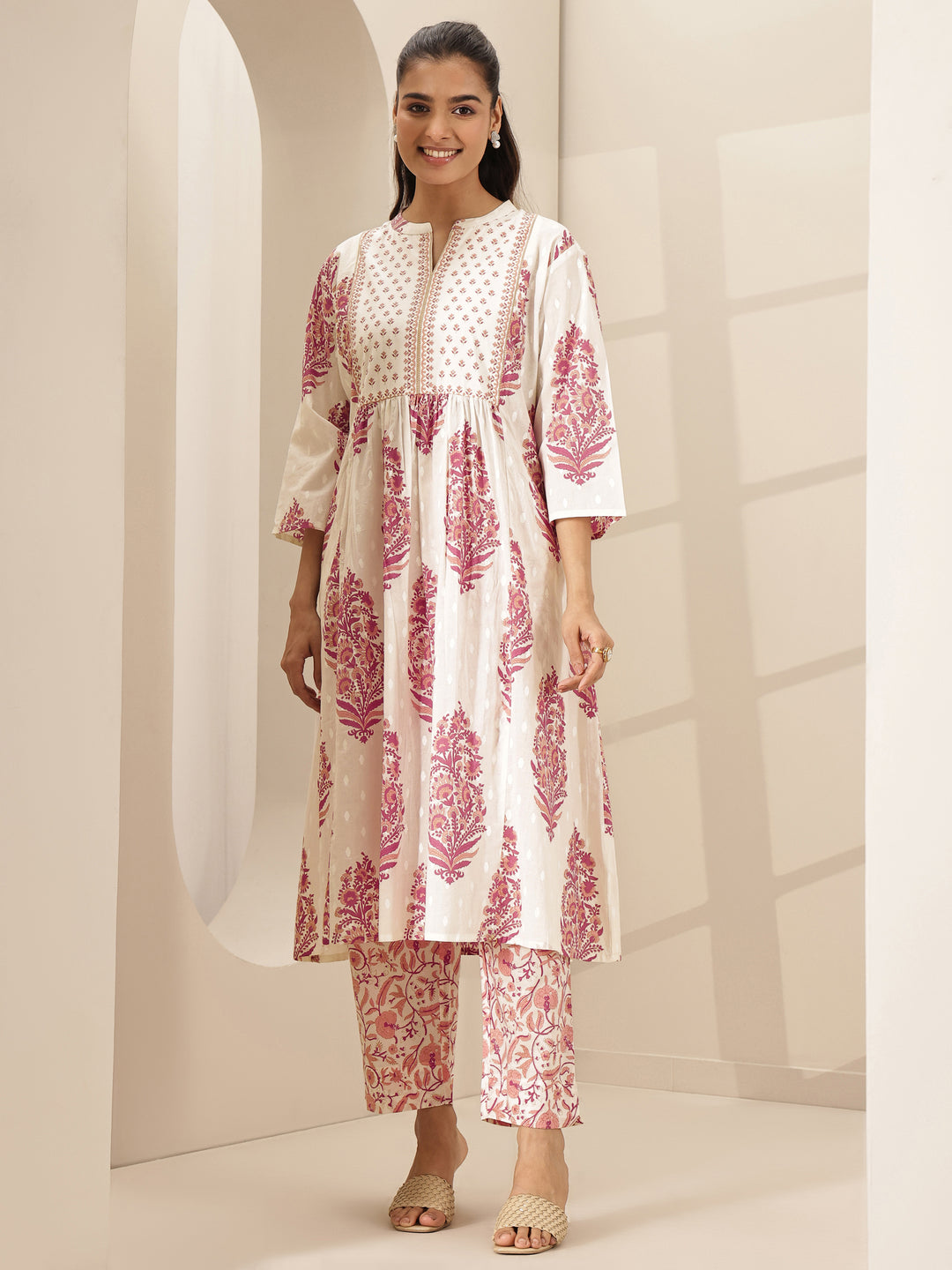  White Printed Cotton A-line Suit Sets With Dupatta 