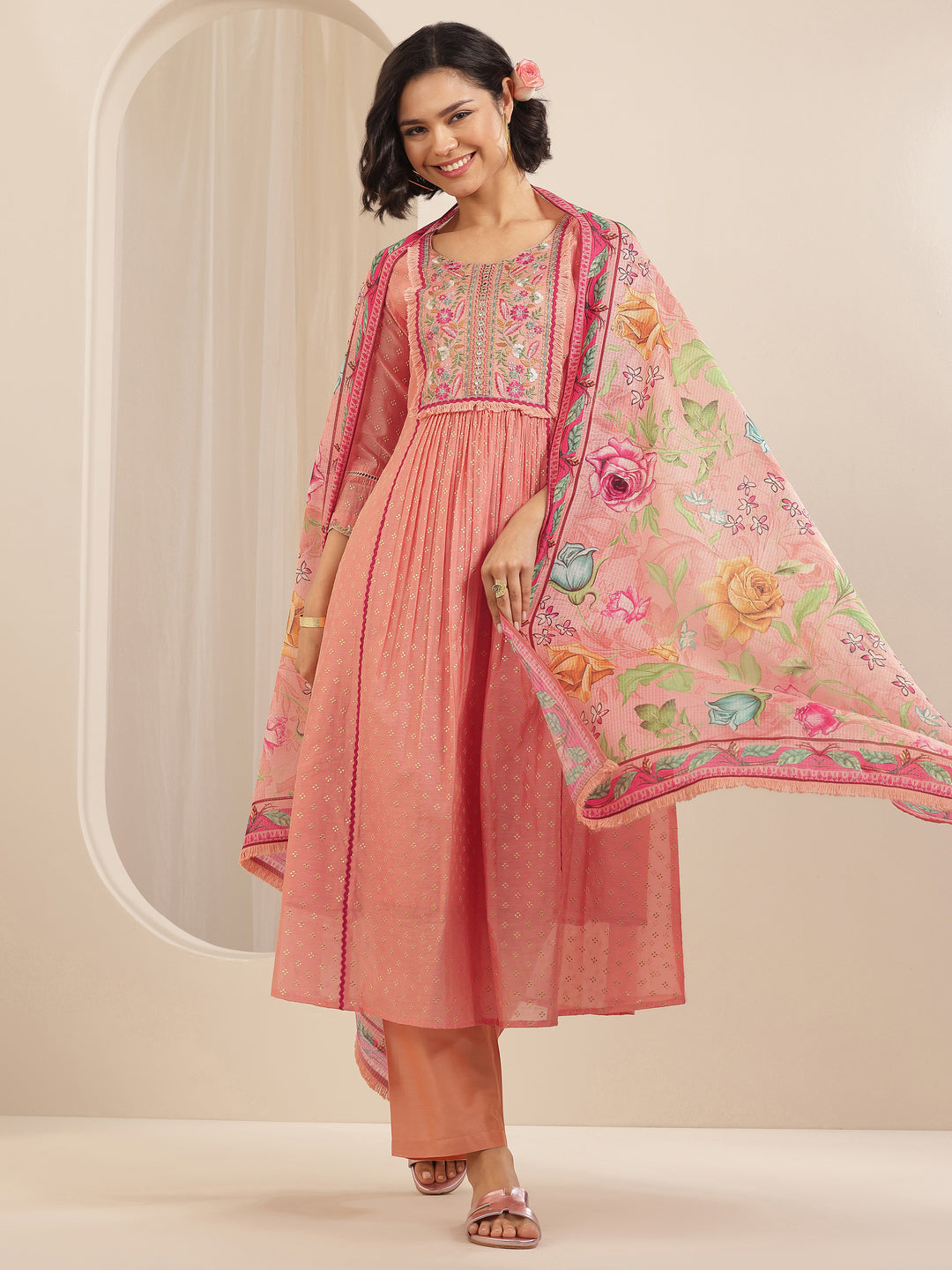  Peach Embroidered Chanderi Silk A-line Suit Sets With Dupatta 