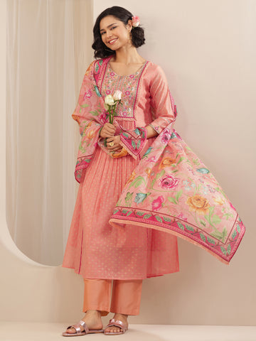 Peach Embroidered Chanderi Silk A-line Suit Sets With Dupatta