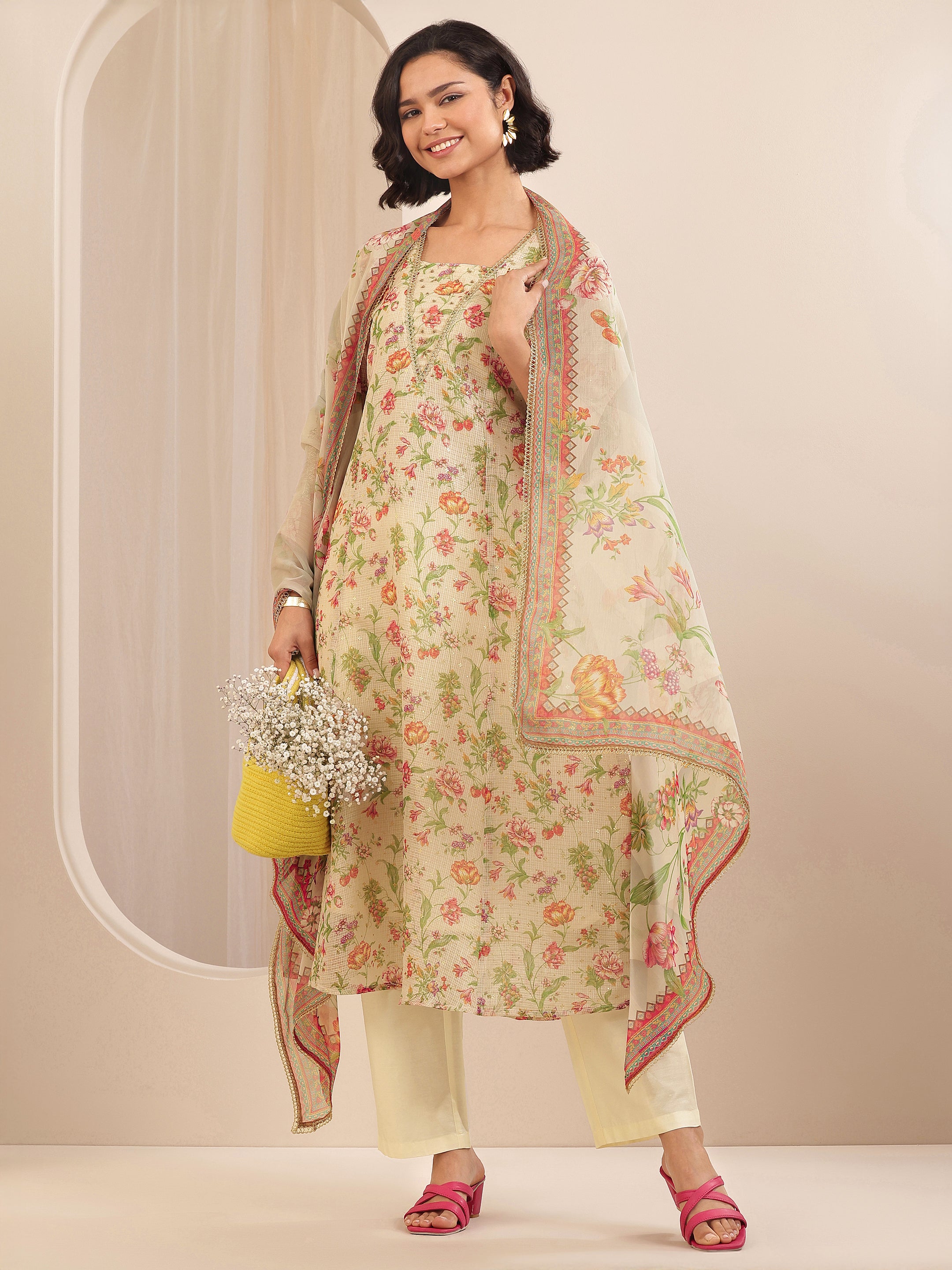 libas Beige Printed Silk Blend A-line Suit Sets With Dupatta-picture-18