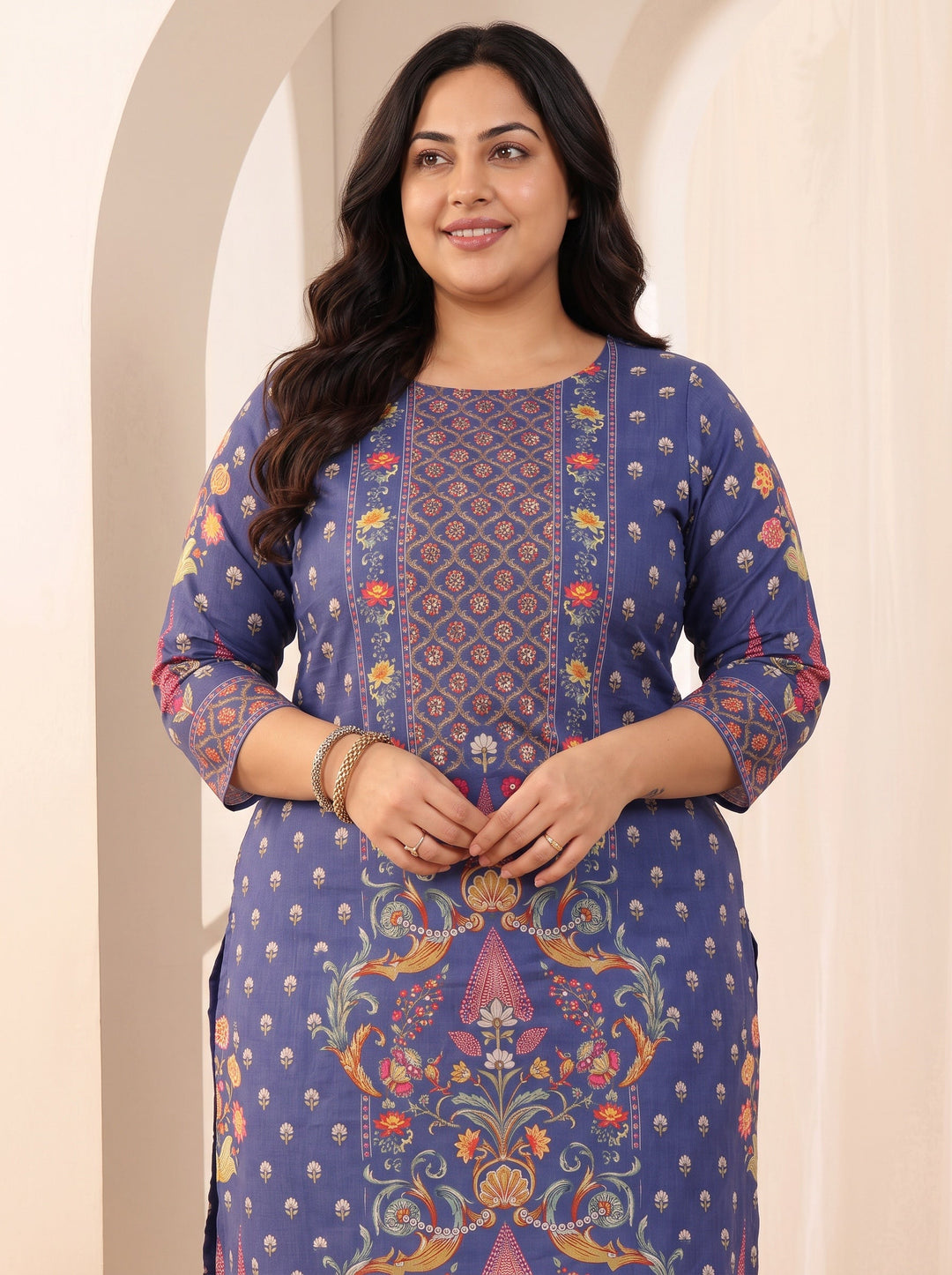  Plus Size Blue Printed Cotton Straight Suit Sets With Dupatta 
