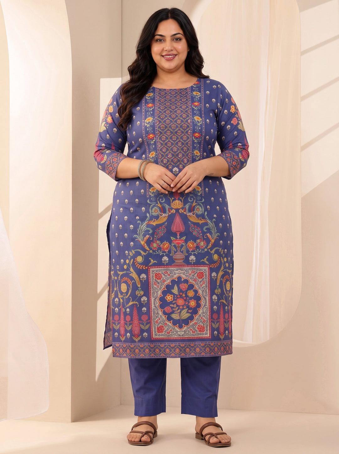  Plus Size Blue Printed Cotton Straight Suit Sets With Dupatta 