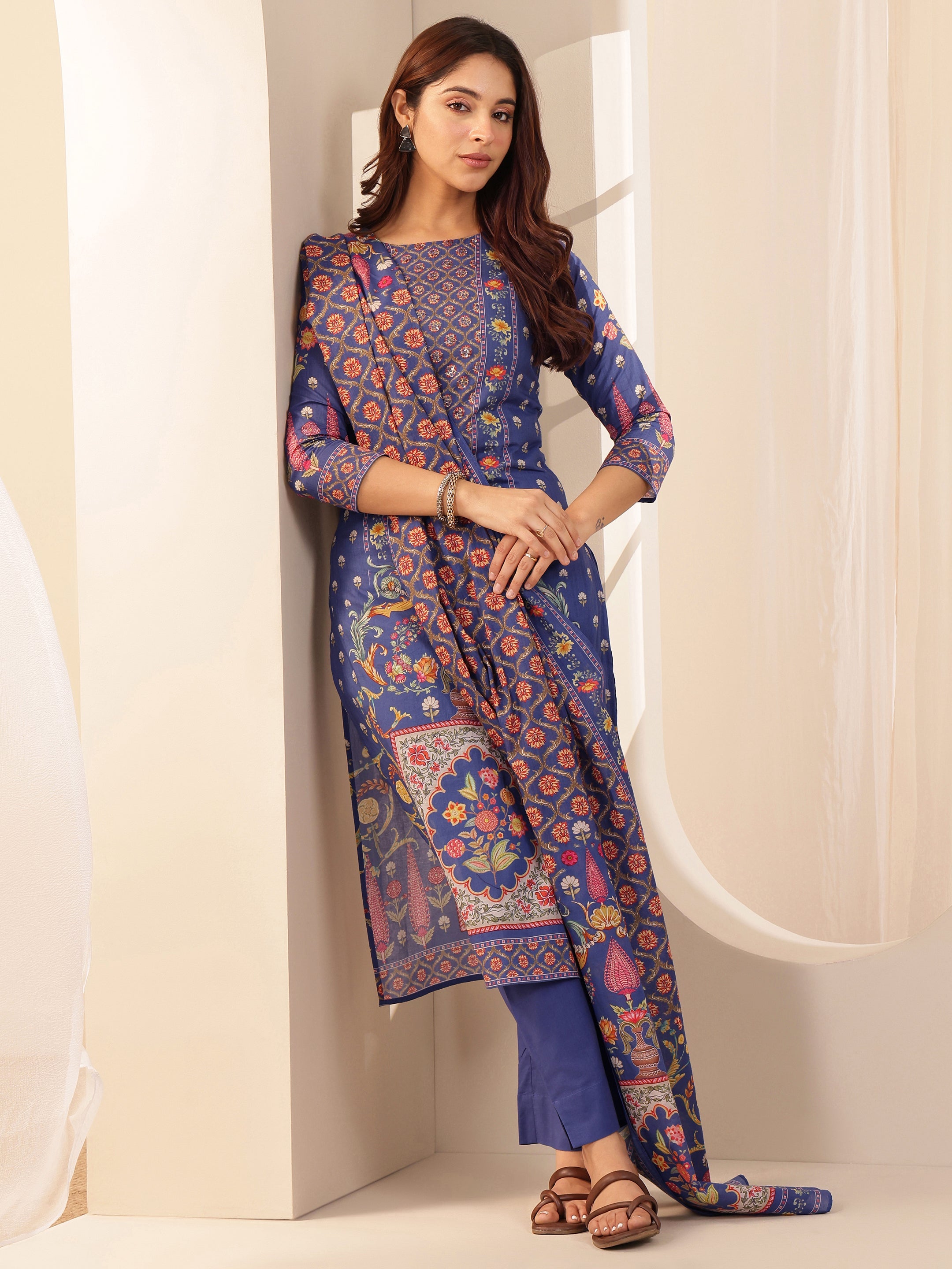 libas Blue Printed Cotton Straight Suit Sets With Dupatta-picture-37