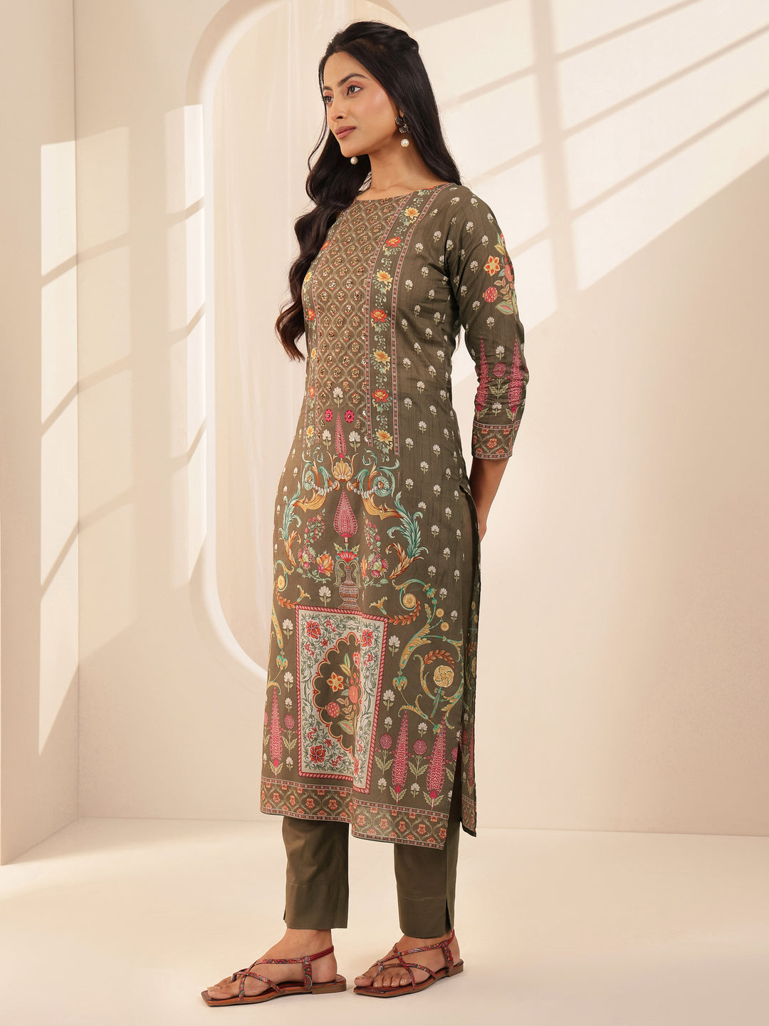  Brown Printed Cotton Straight Suit Sets With Dupatta 