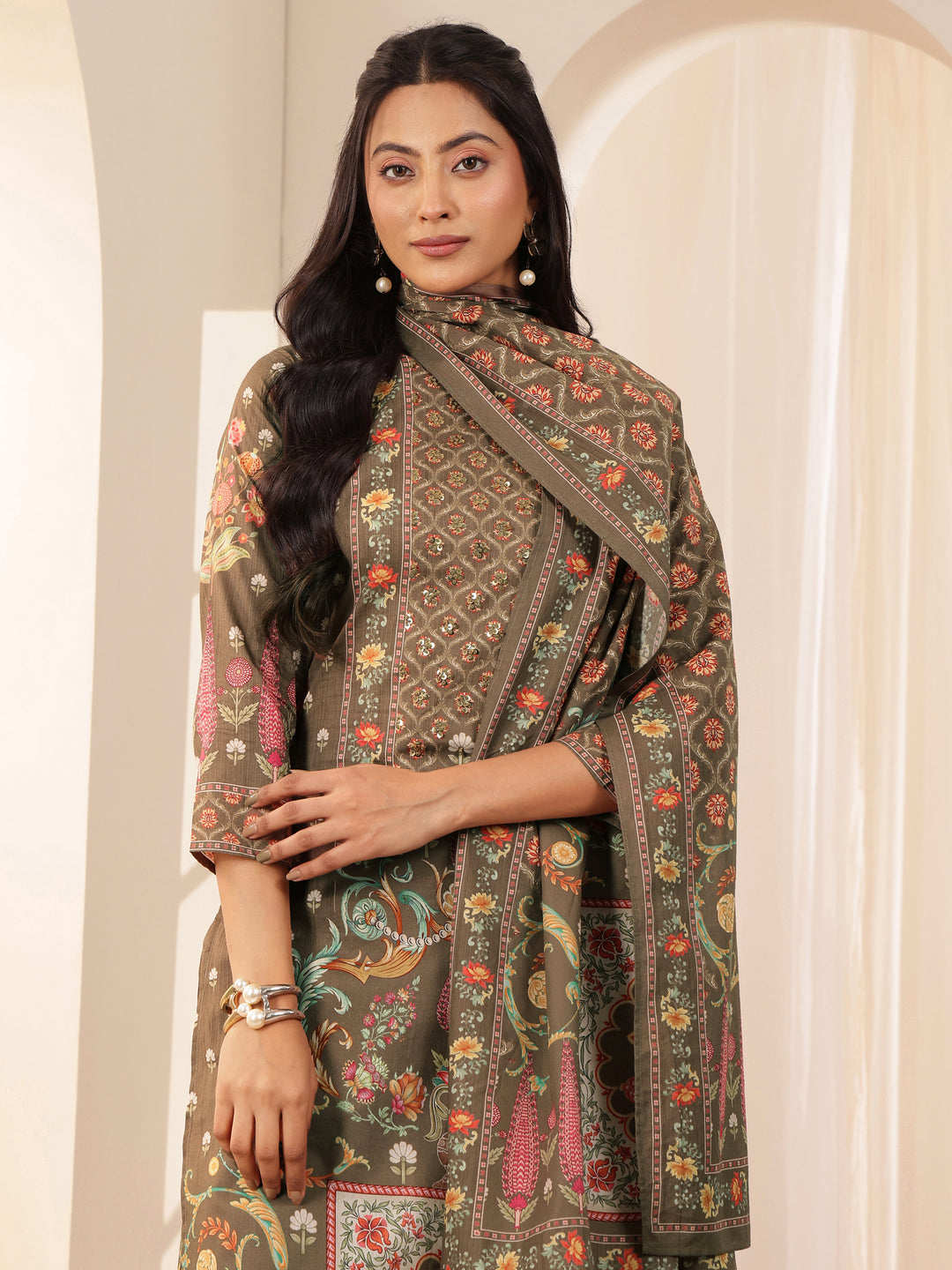  Brown Printed Cotton Straight Suit Sets With Dupatta 