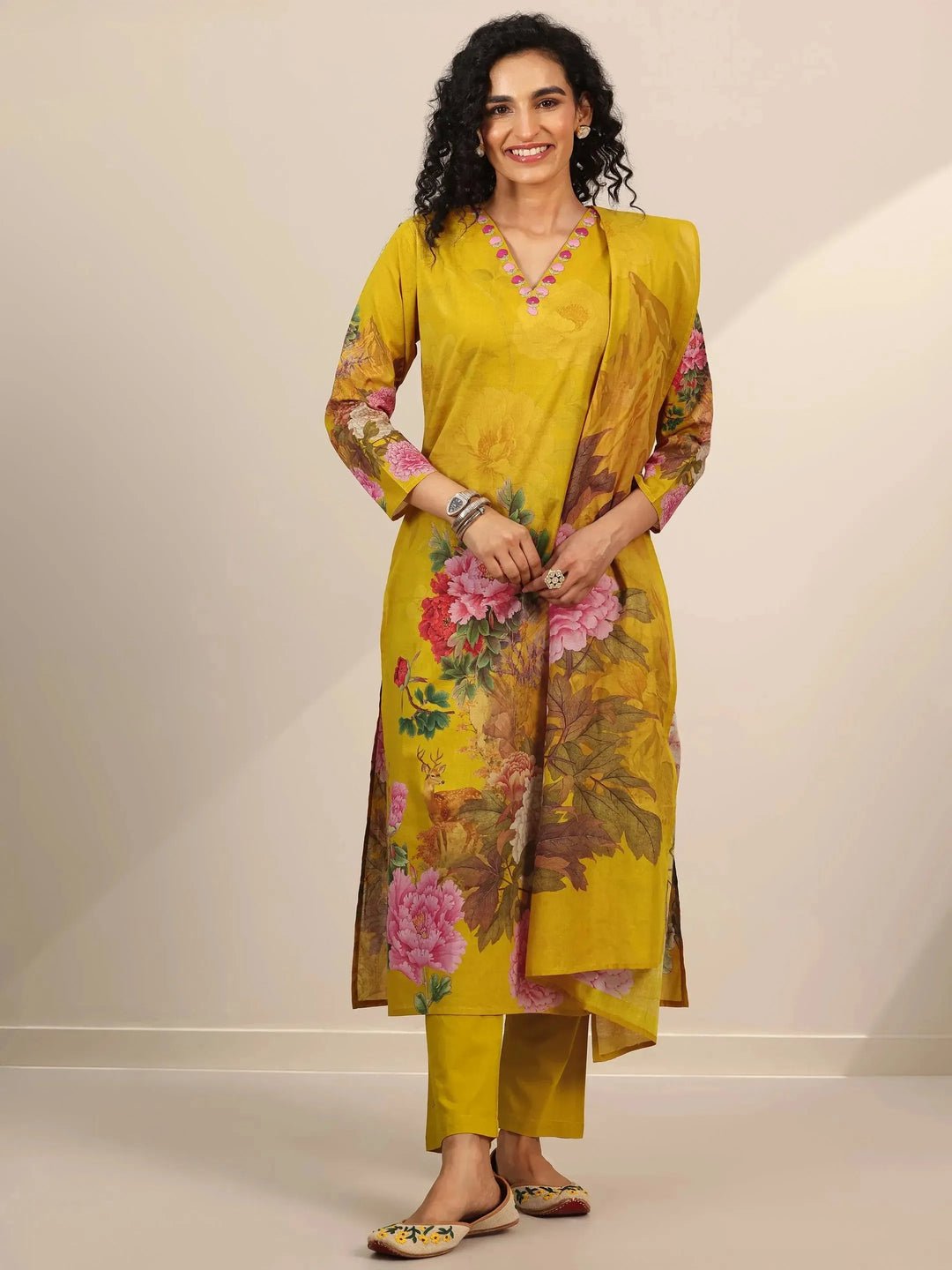  Mustard Printed Cotton Straight Suit Set With Dupatta 