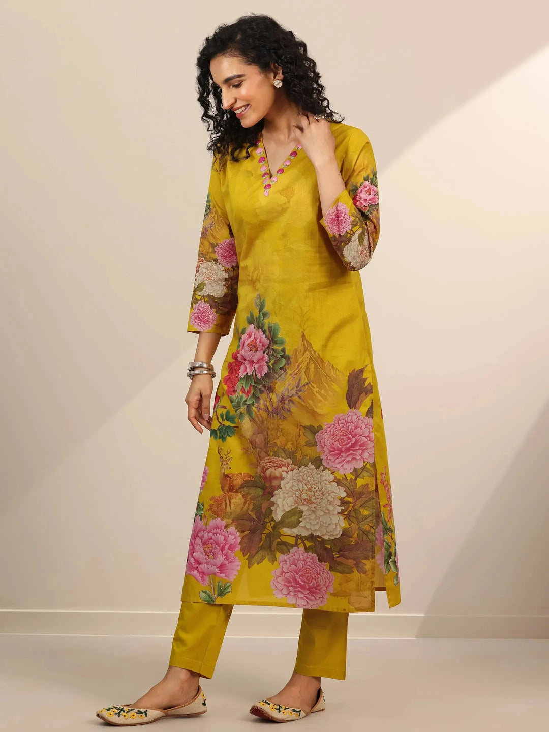  Mustard Printed Cotton Straight Suit Set With Dupatta 