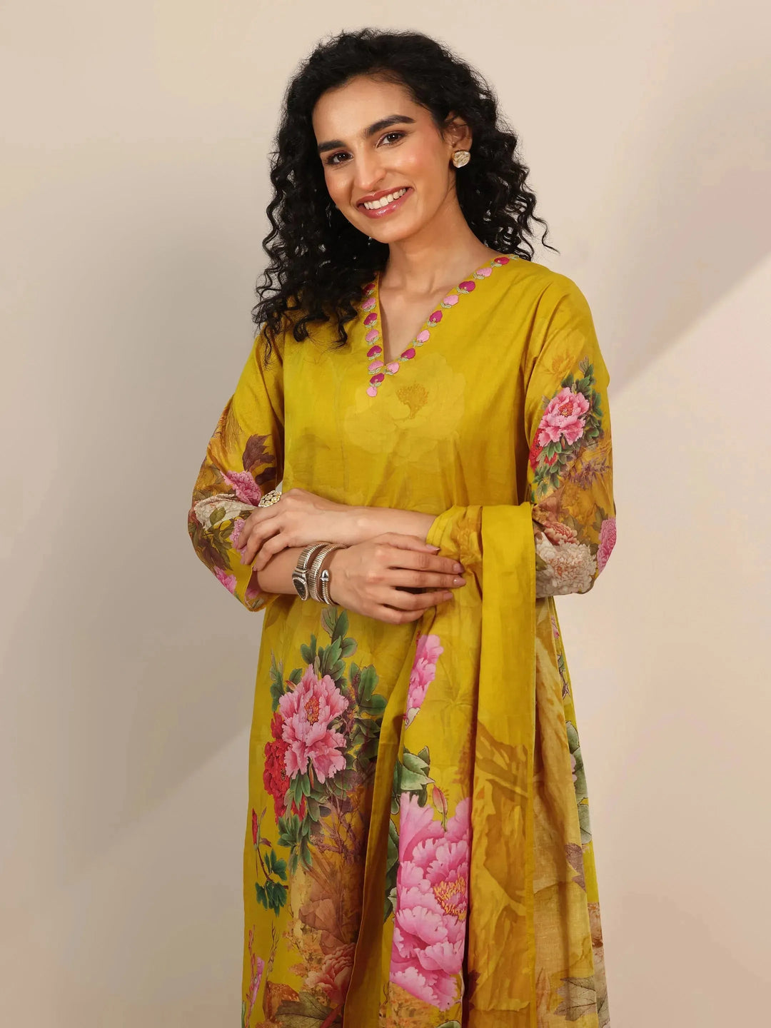  Mustard Printed Cotton Straight Suit Set With Dupatta 
