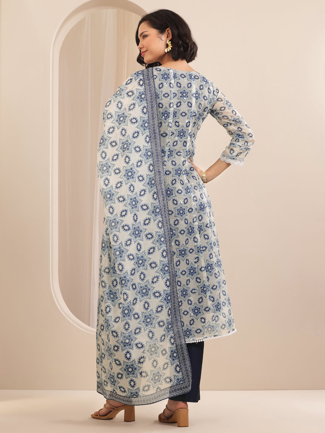  Indigo Printed Silk Blend A-line Suit Sets With Dupatta 