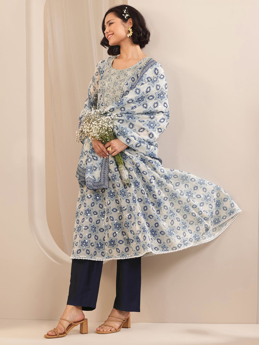  Indigo Printed Silk Blend A-line Suit Sets With Dupatta 