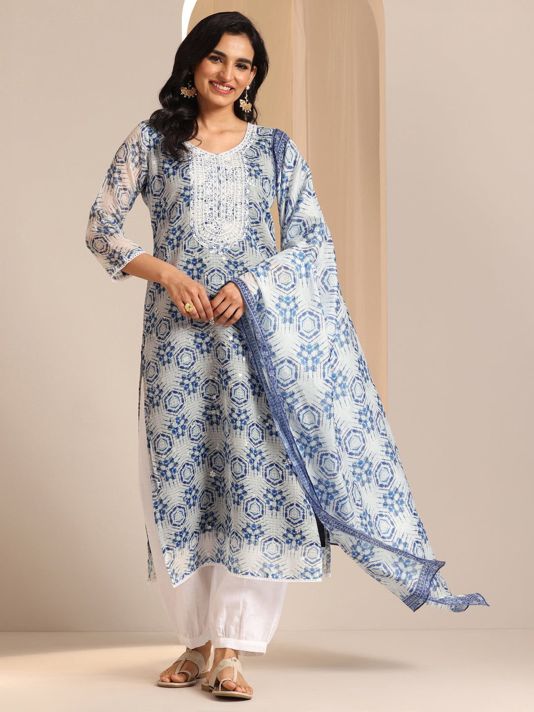  Indigo Printed Silk Blend Straight Suit Sets With Dupatta 