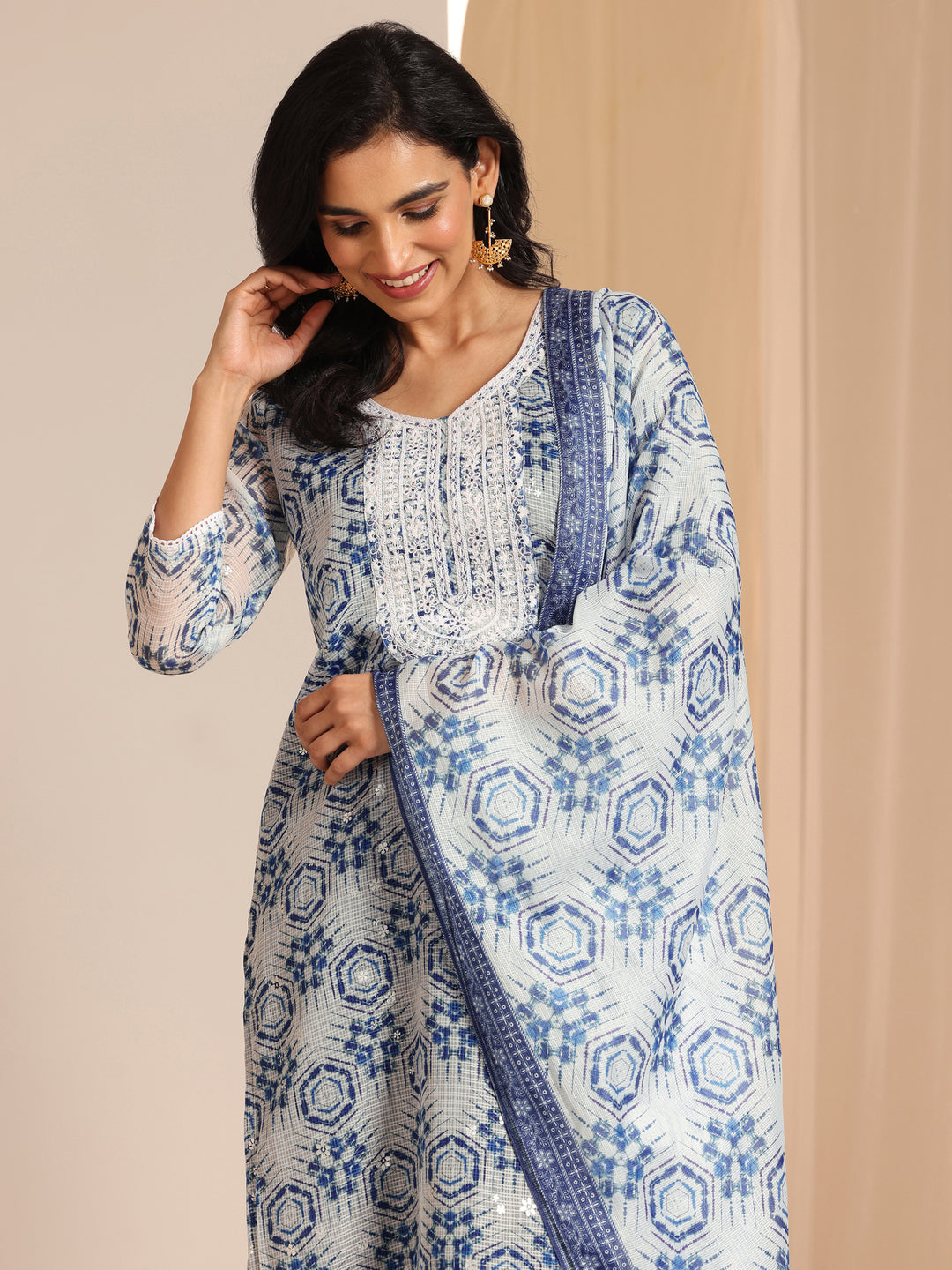  Indigo Printed Silk Blend Straight Suit Sets With Dupatta 