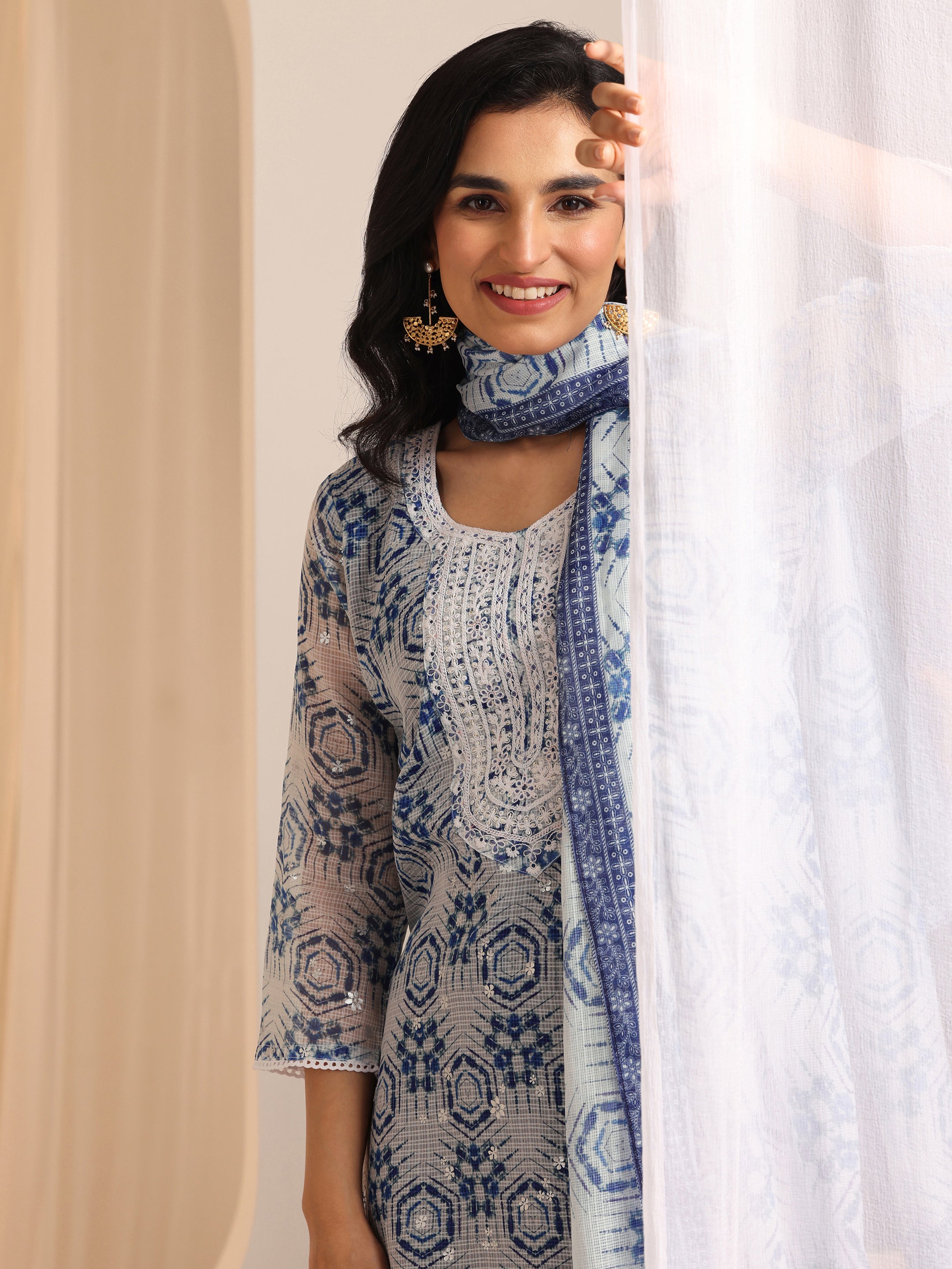 libas Indigo Printed Silk Blend Straight Suit Sets With Dupatta-picture-61