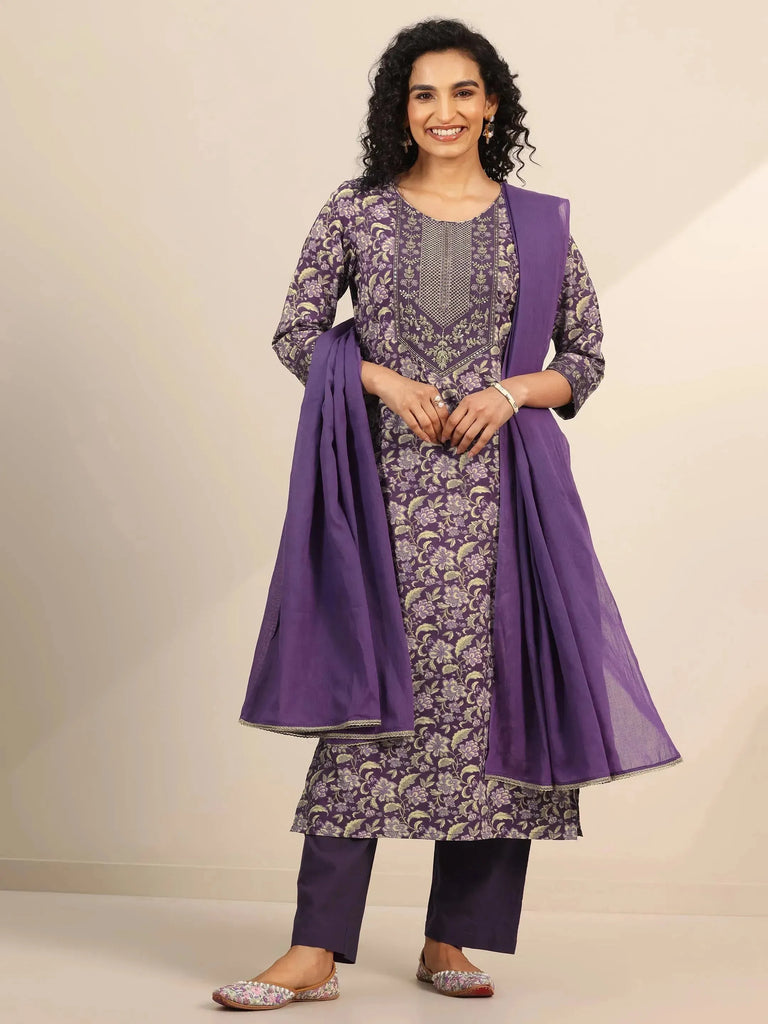 Libas Purple Yoke Design Cotton Straight Suit Set With Dupatta