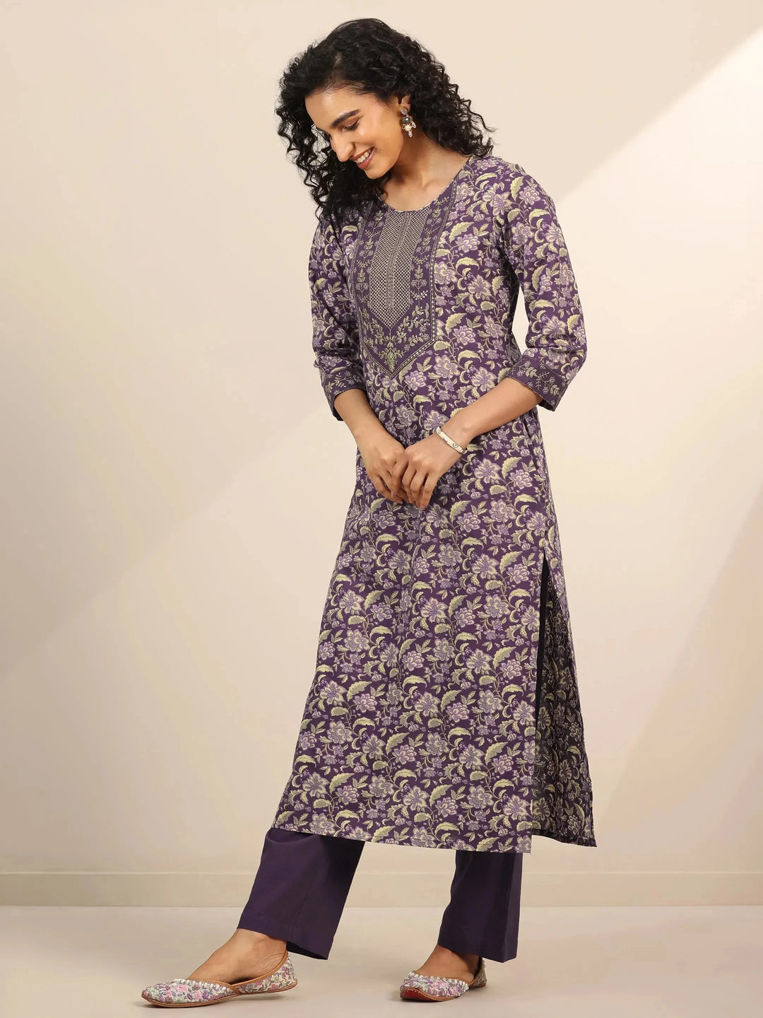  Purple Yoke Design Cotton Straight Suit Set With Dupatta 