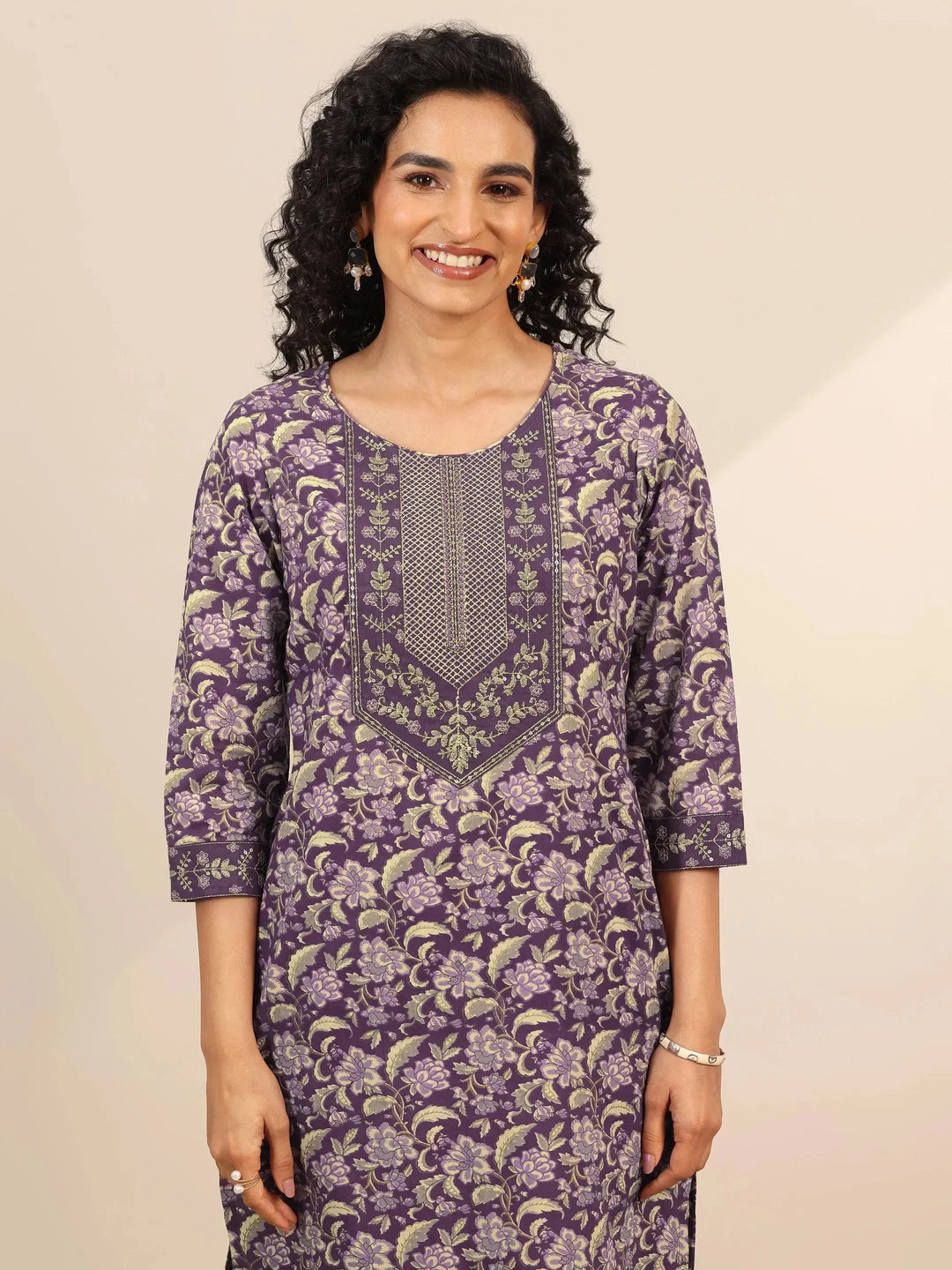  Purple Yoke Design Cotton Straight Suit Set With Dupatta 