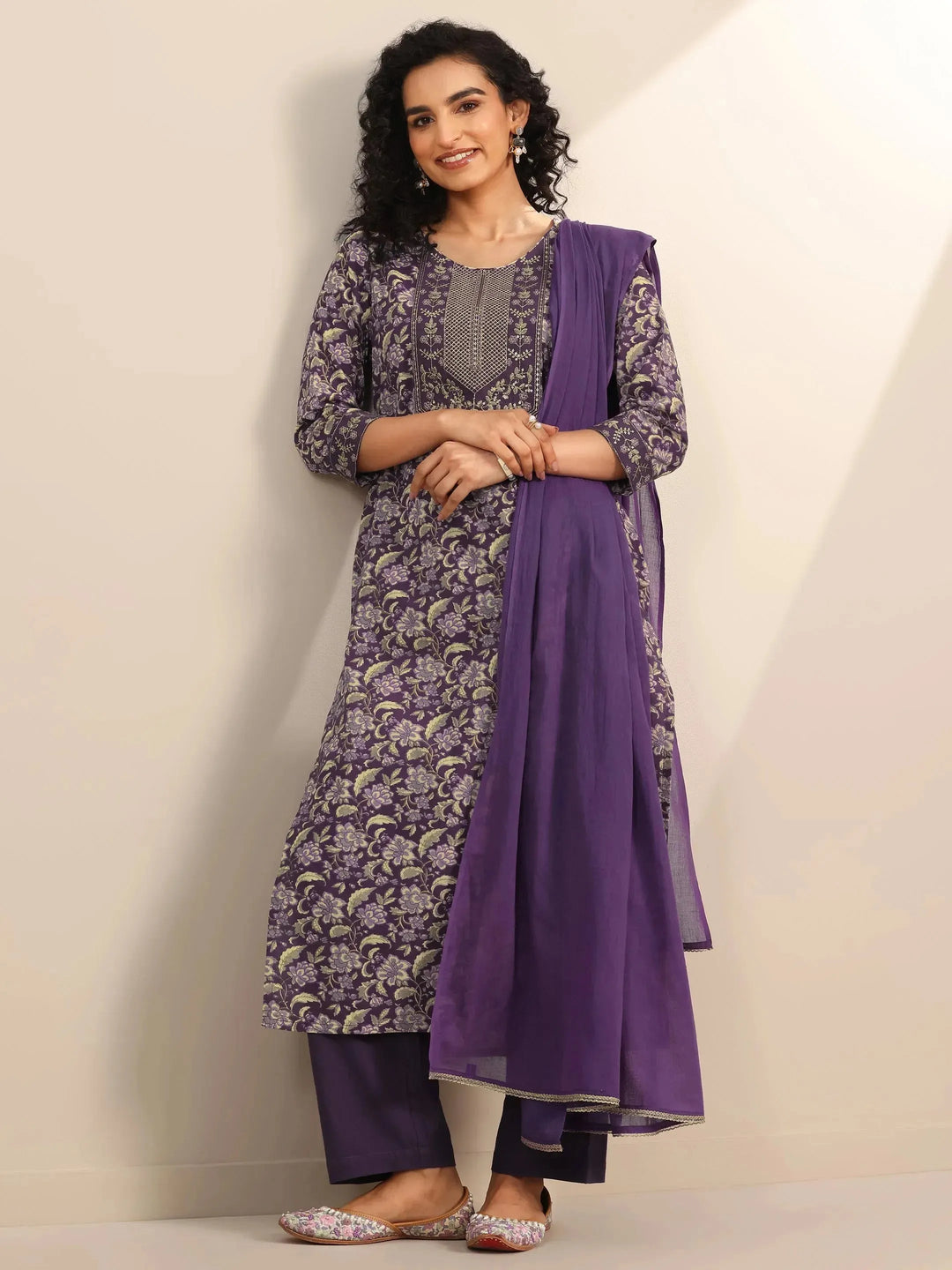  Purple Yoke Design Cotton Straight Suit Set With Dupatta 