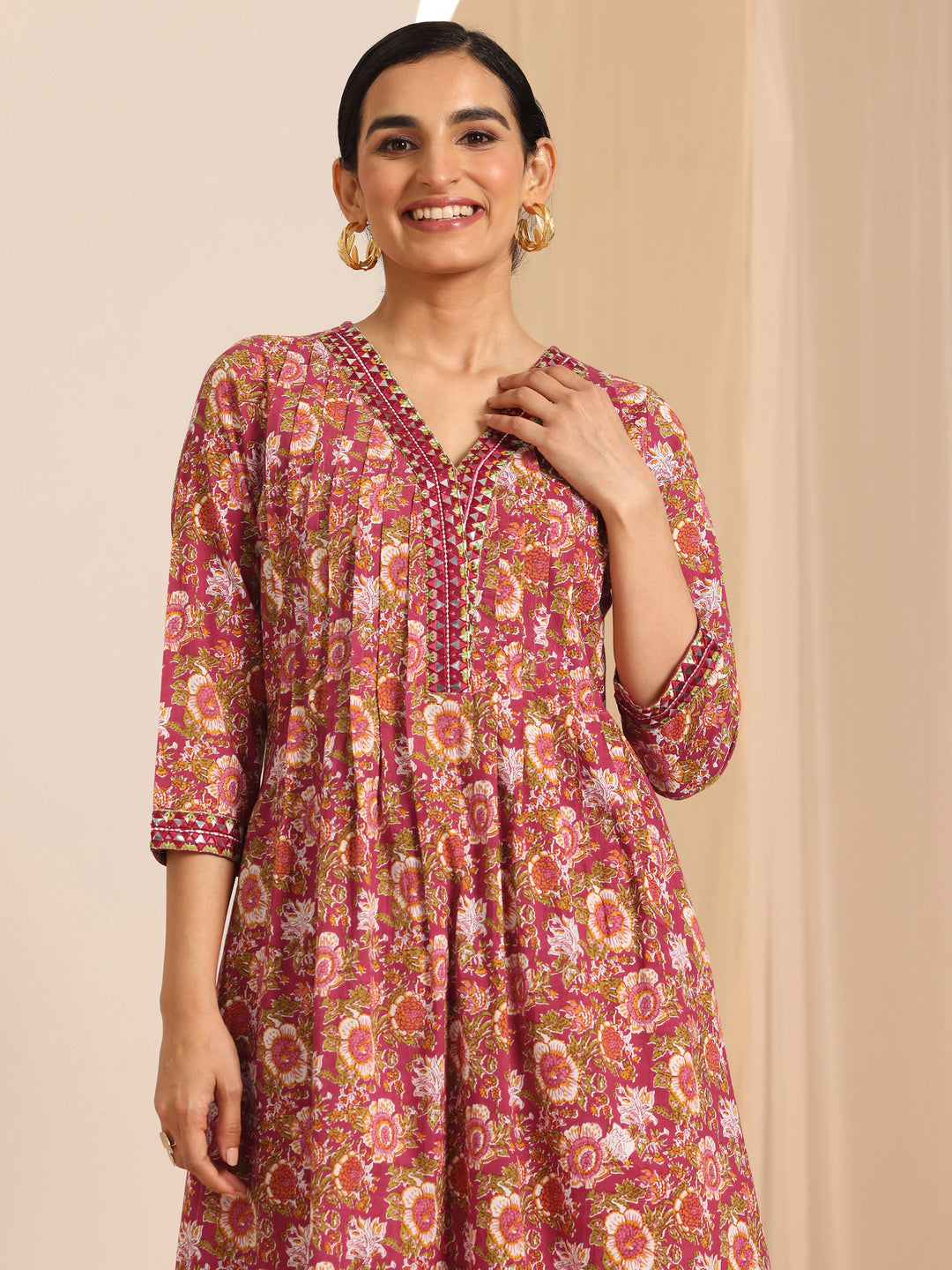  Red Printed Cotton A-Line Suit Set With Dupatta 