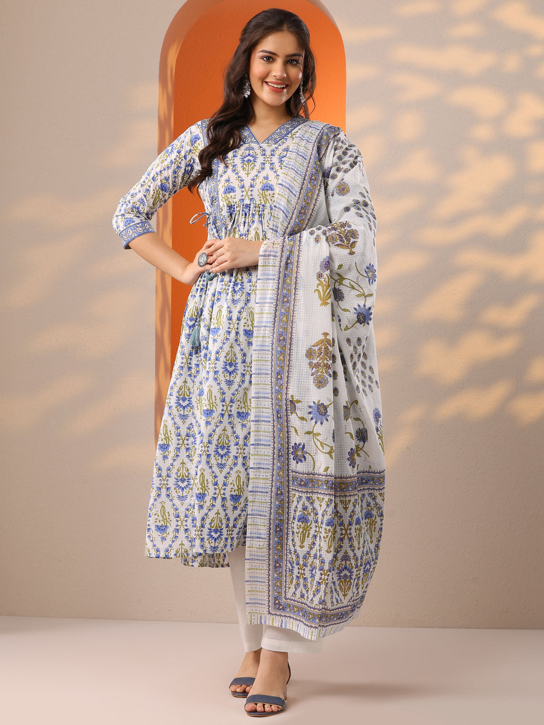  White Printed Cotton Anarkali Suit Set With Dupatta 