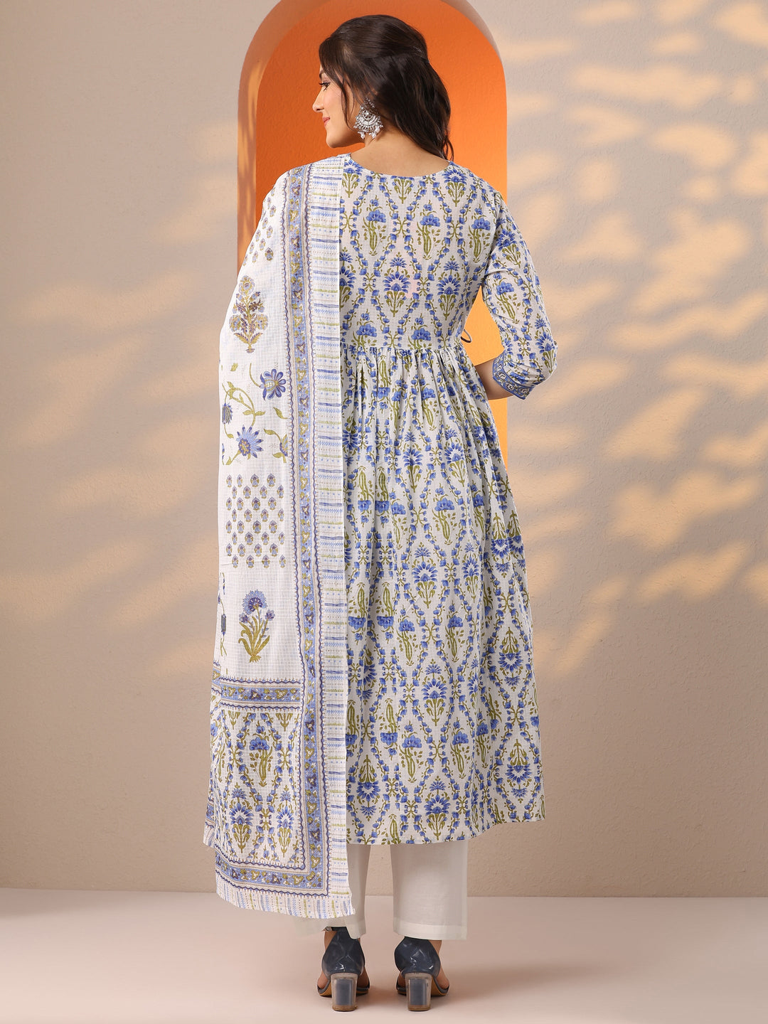  White Printed Cotton Anarkali Suit Set With Dupatta 