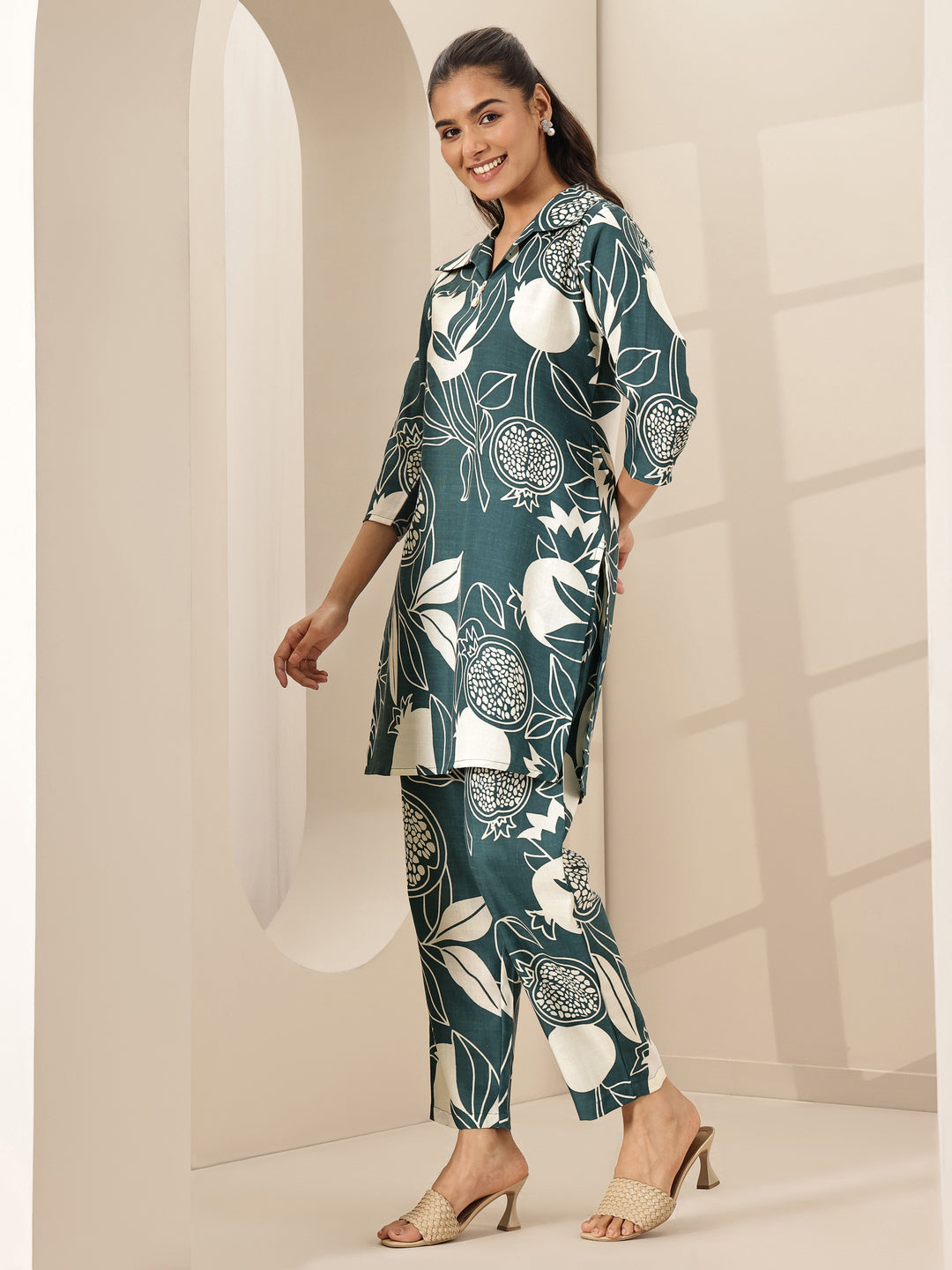  Teal Blue Printed Cotton Blend Co-Ord Sets 