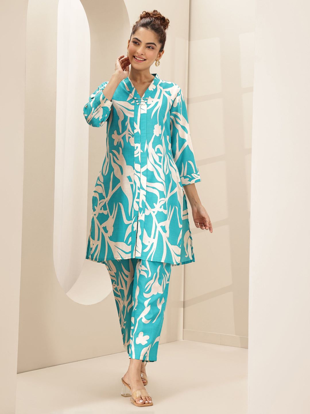  Turquoise Blue Printed Cotton Blend Co-Ord Sets 