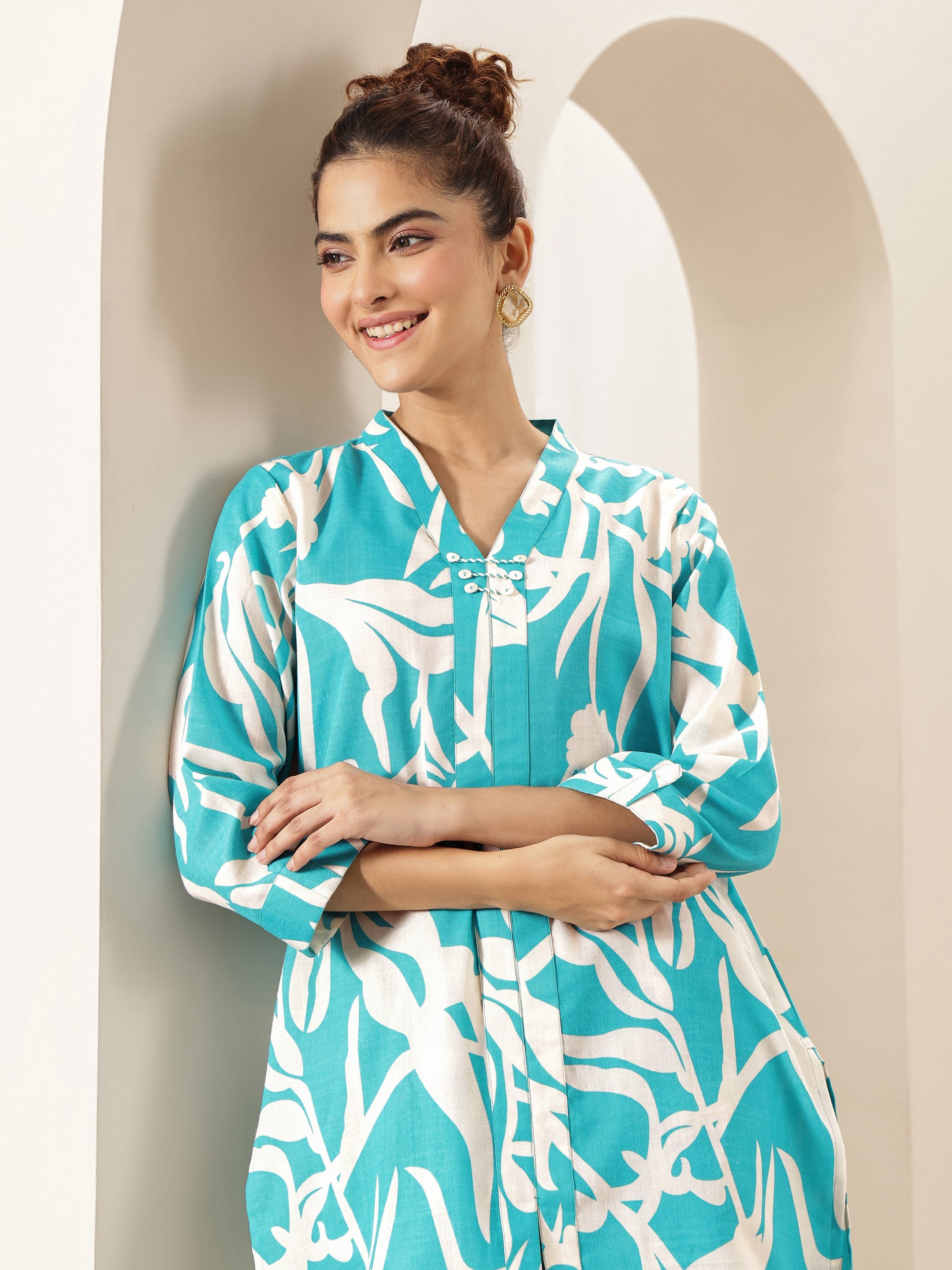 libas Turquoise Blue Printed Cotton Blend Co-Ord Sets-picture-32