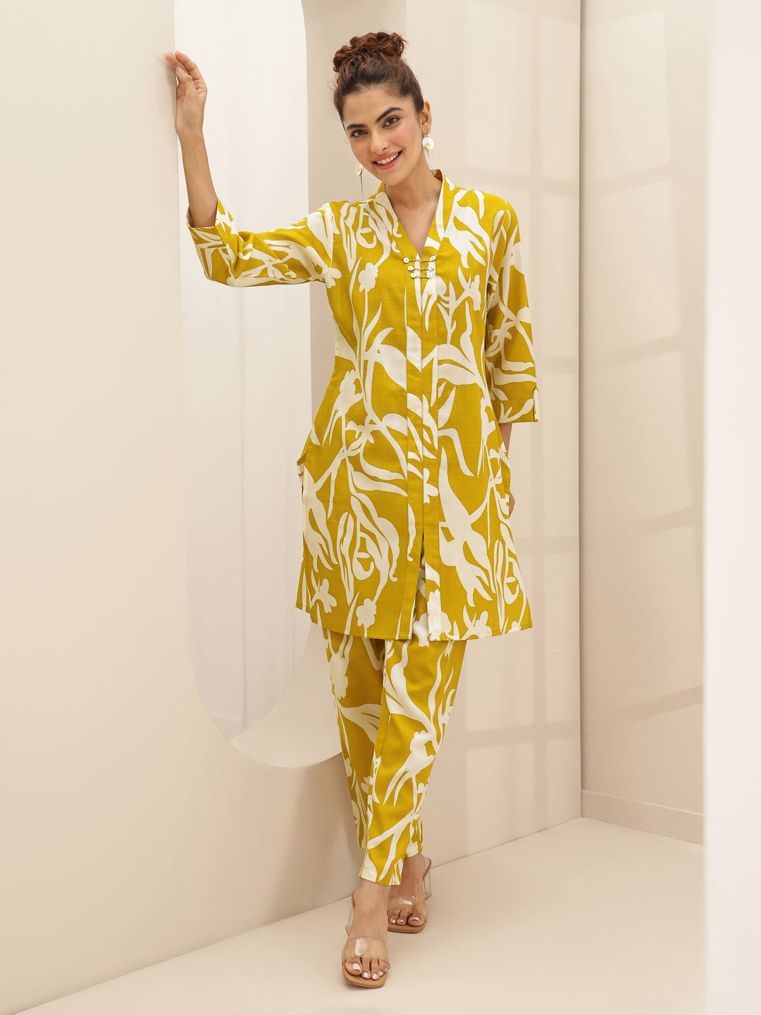Mustard Printed Cotton Blend Co-Ord Sets