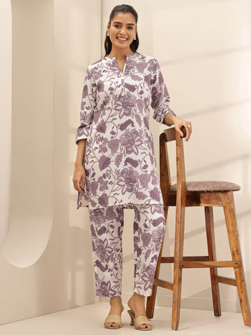 Off White Printed Cotton Blend Co-Ord Sets