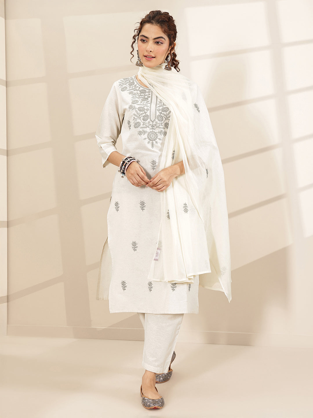White Embroidered Cotton Blend Straight Suit Sets With Dupatta-image-34
