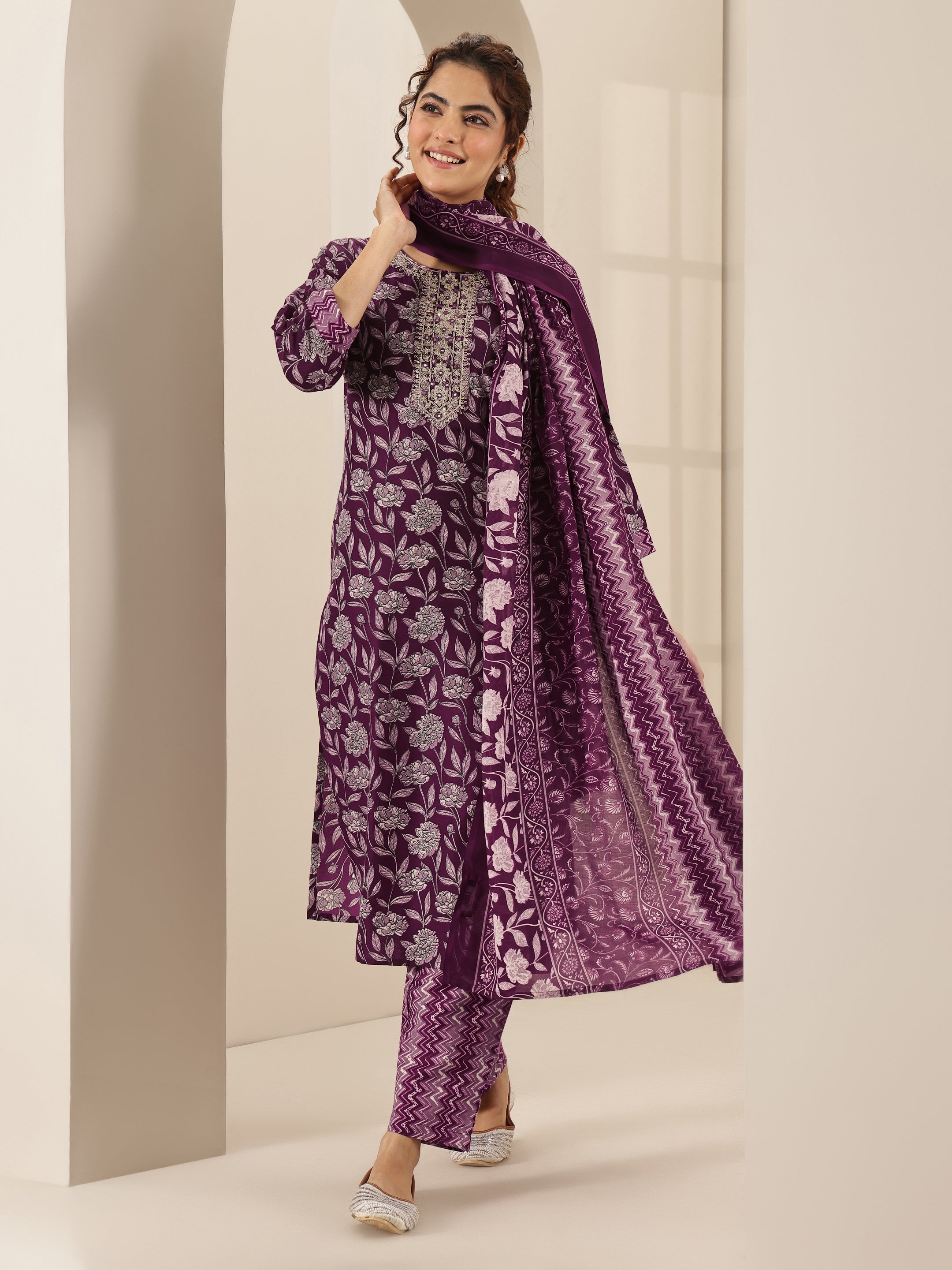 libas Burgundy Printed Cotton Blend Straight Suit Sets With Dupatta-picture-18