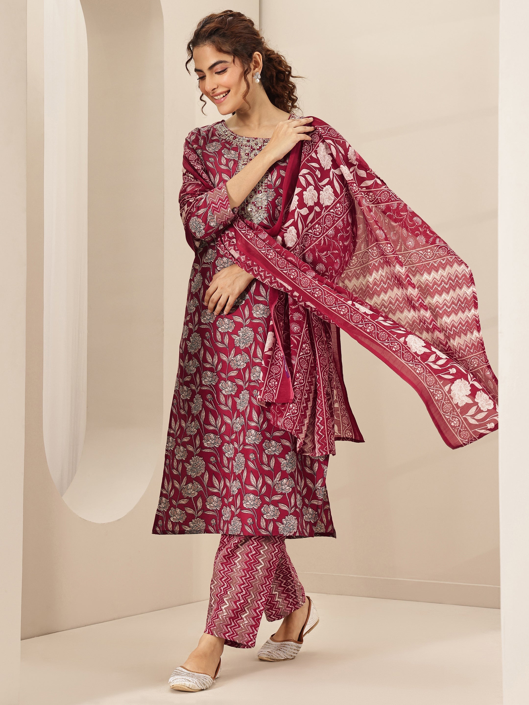 libas Maroon Printed Cotton Blend Straight Suit Sets With Dupatta-picture-35