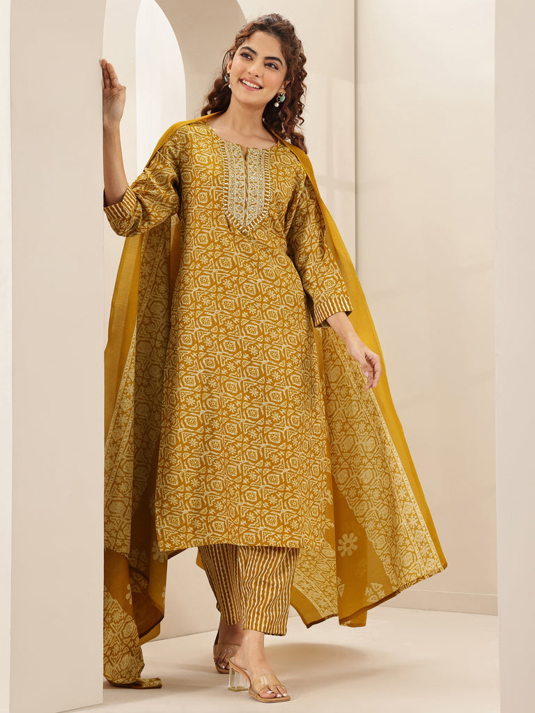 Libas Mustard Printed Cotton Blend Straight Suit Sets With Dupatta