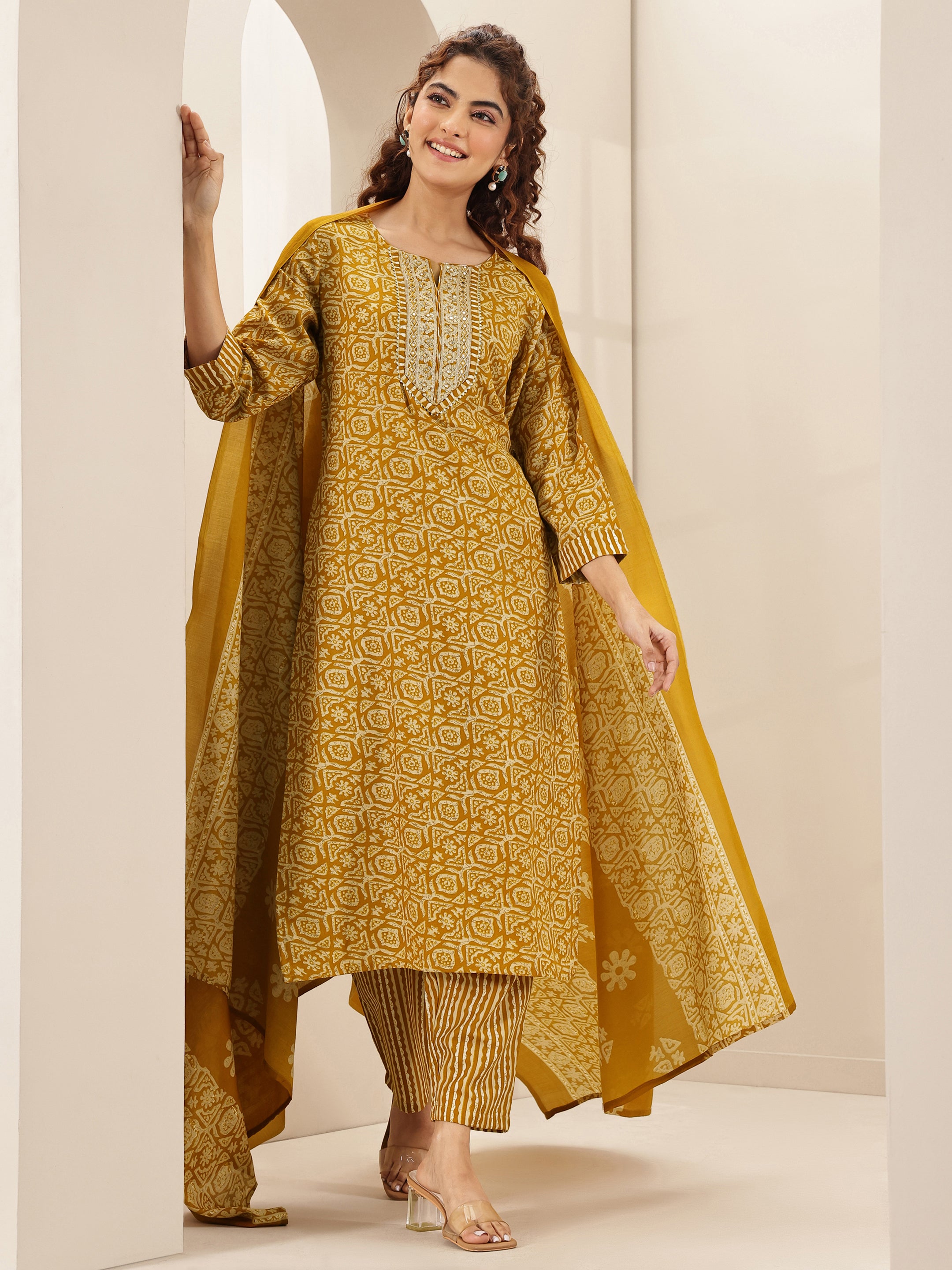 libas Mustard Printed Cotton Blend Straight Suit Sets With Dupatta-picture-56