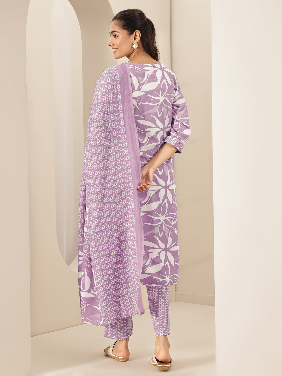  Mauve Printed Cotton Blend Straight Suit Sets With Dupatta 