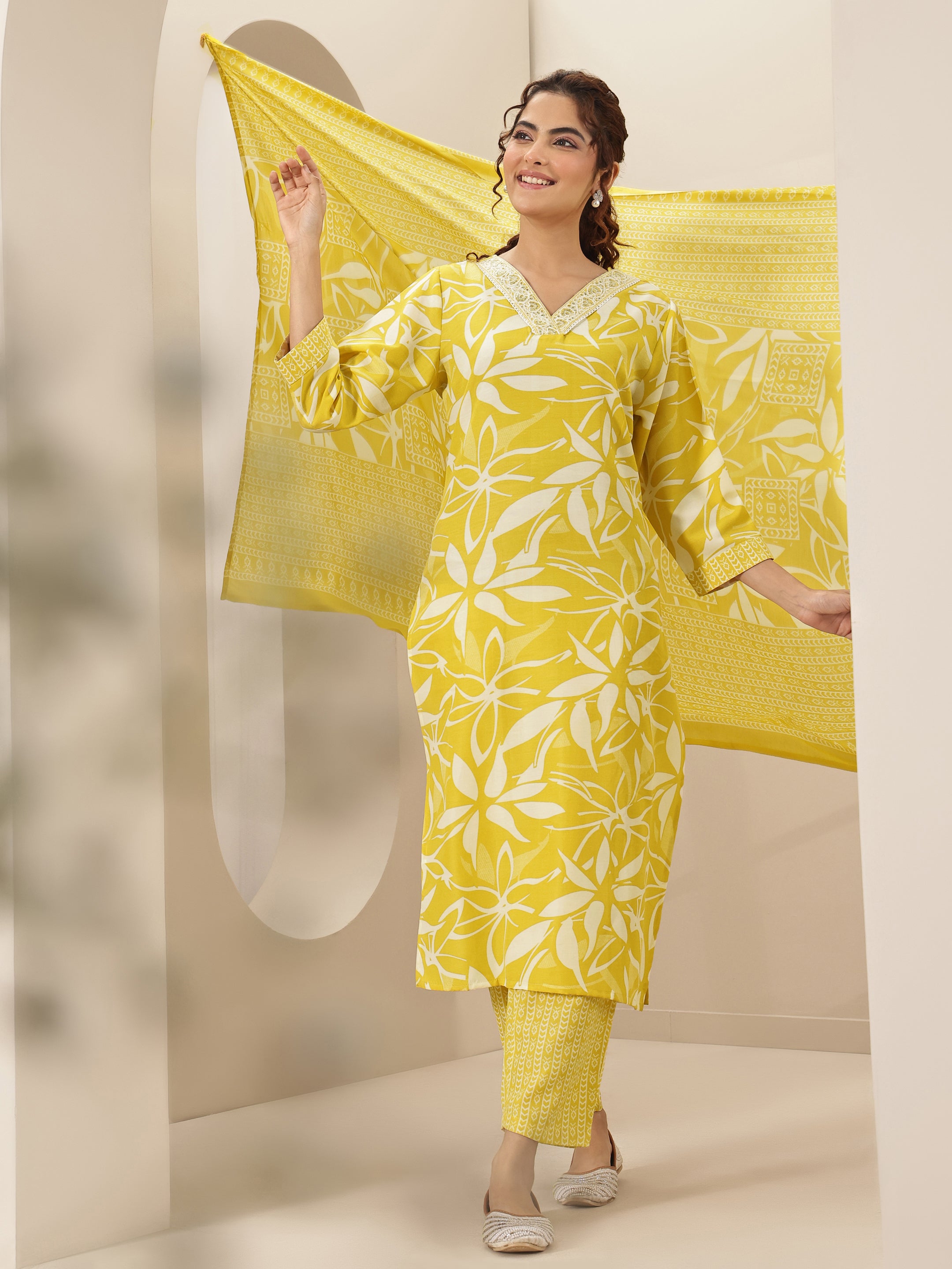 libas Yellow Printed Cotton Blend Straight Suit Sets With Dupatta-picture-21