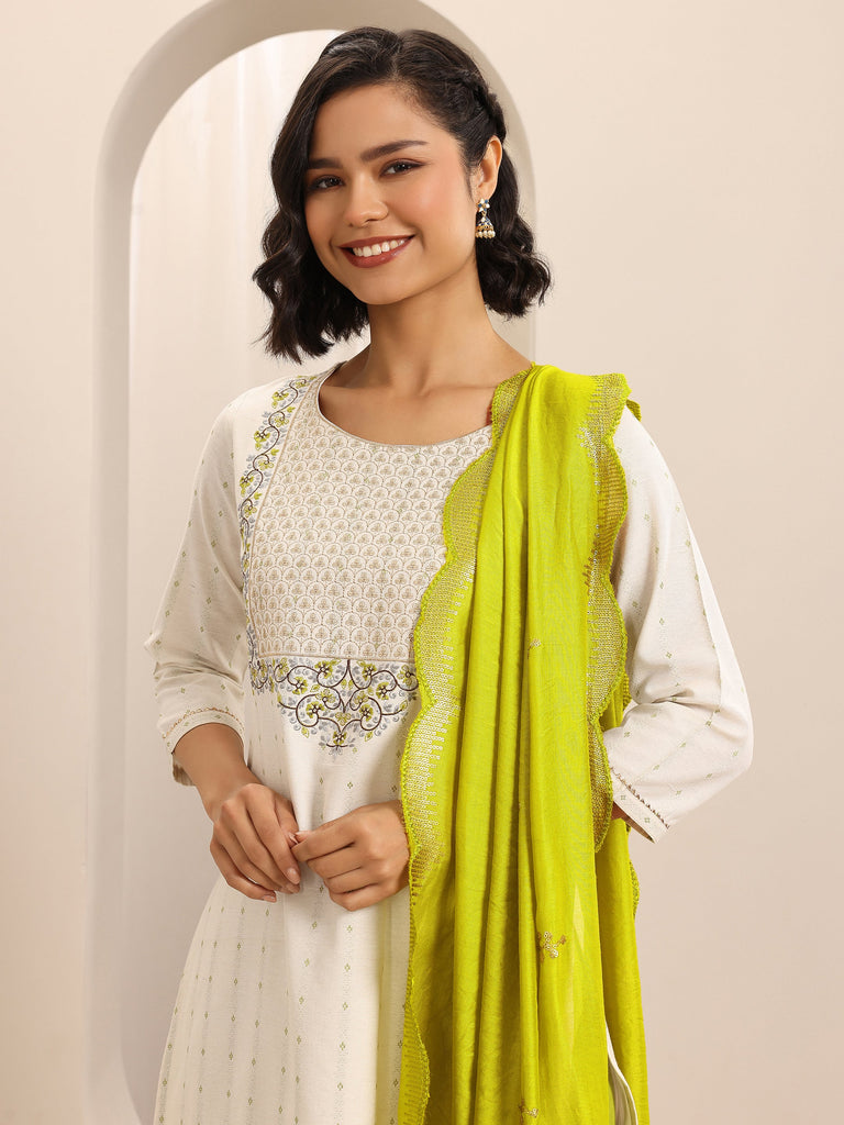 Libas White Woven Cotton Blend Straight Suit Set With Dupatta