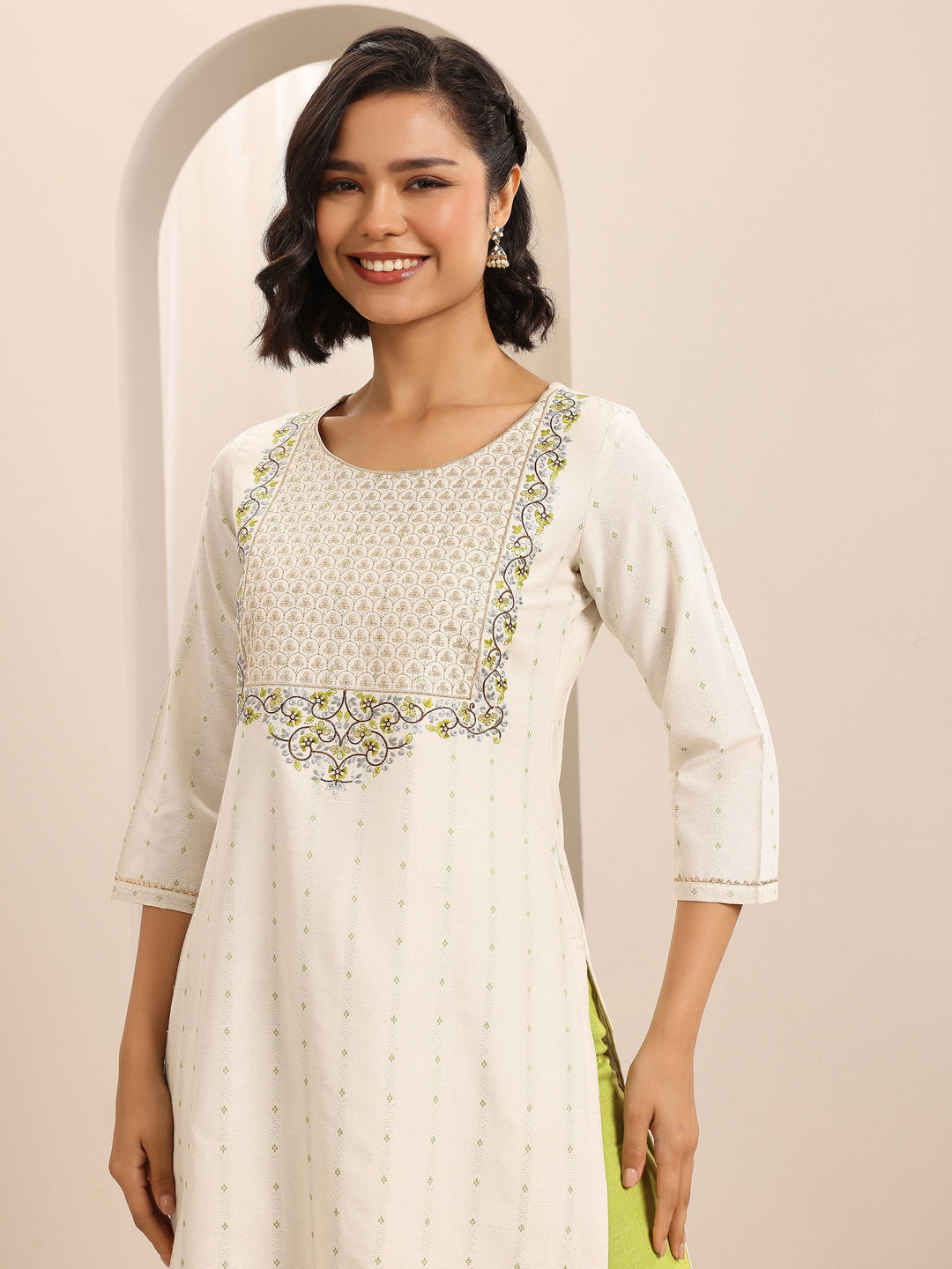  White Woven Cotton Blend Straight Suit Set With Dupatta 