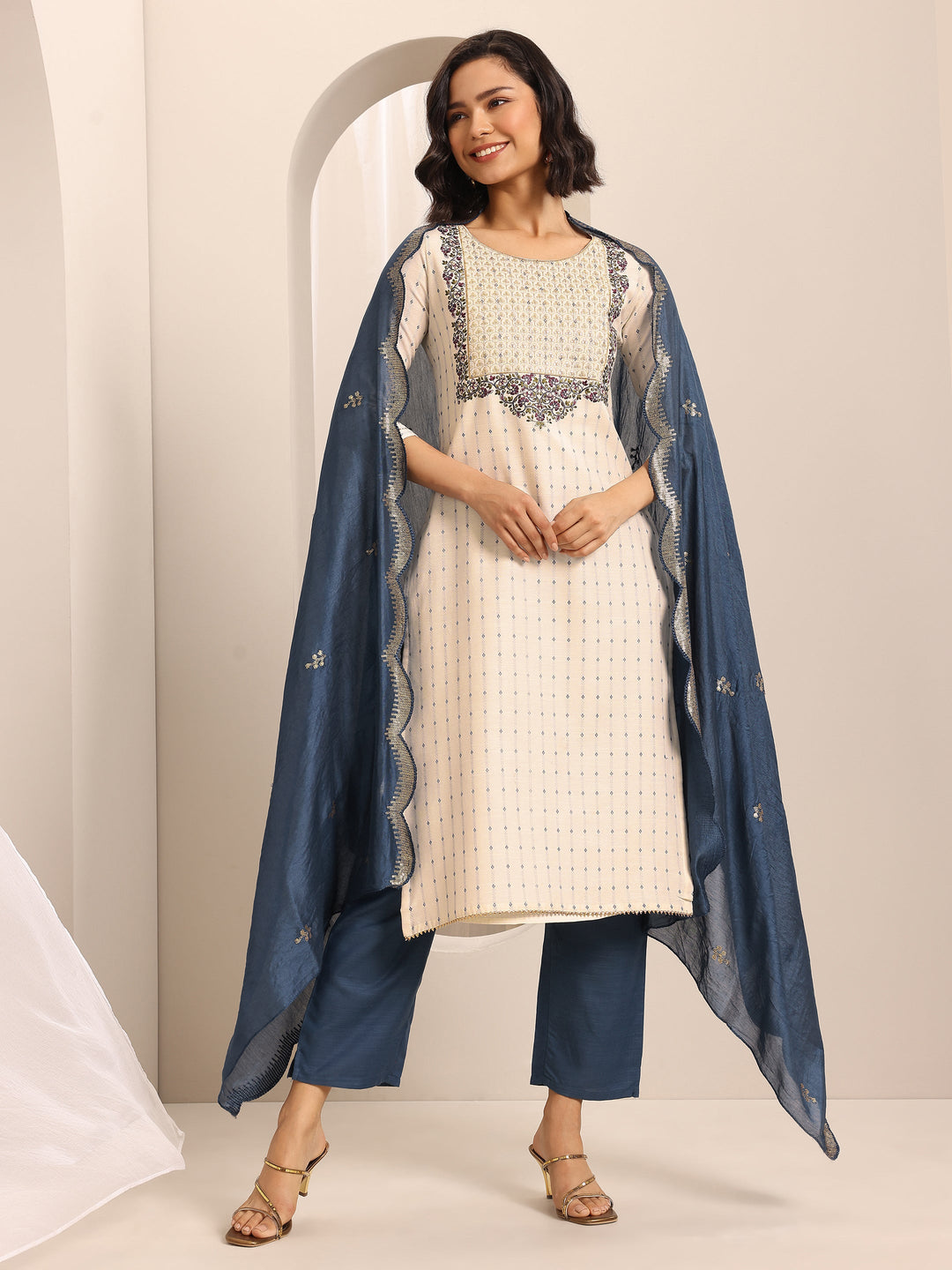  White Woven Cotton Blend Straight Suit Set With Dupatta 
