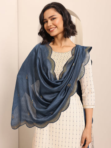 White Woven Cotton Blend Straight Suit Set With Dupatta