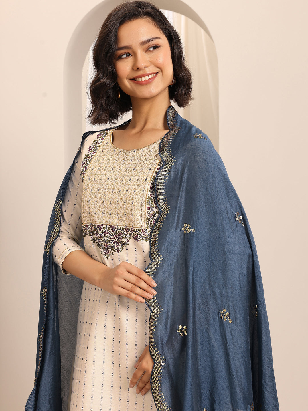  White Woven Cotton Blend Straight Suit Set With Dupatta 