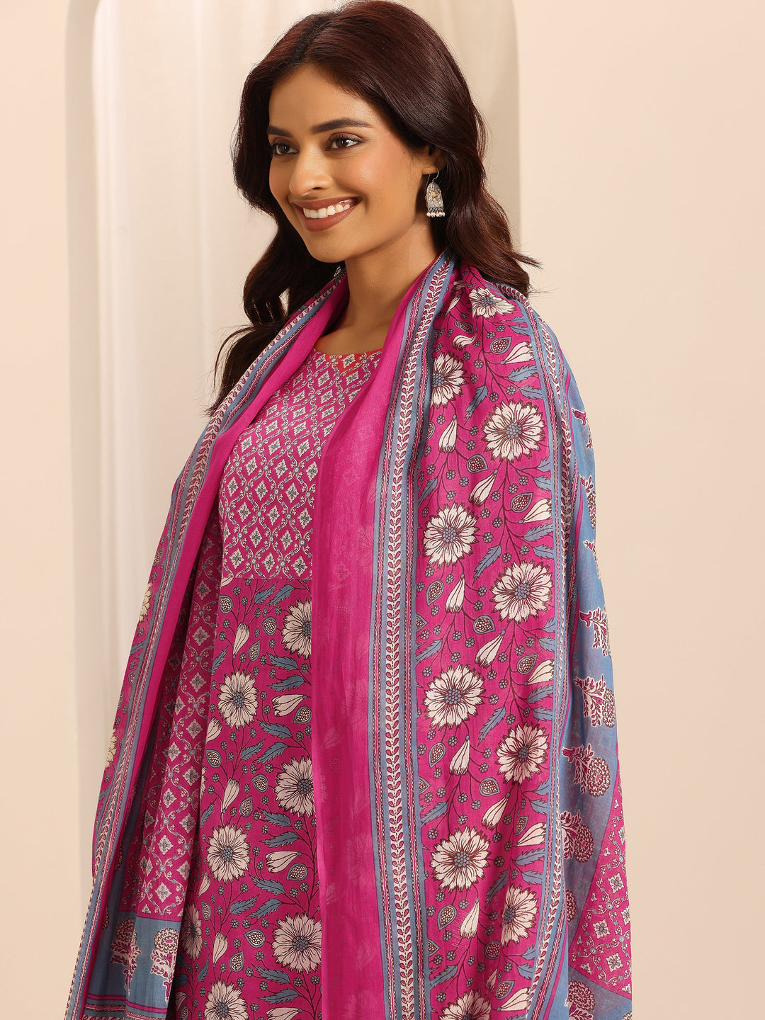  Pink Printed Cotton Blend Straight Suit Set With Dupatta 